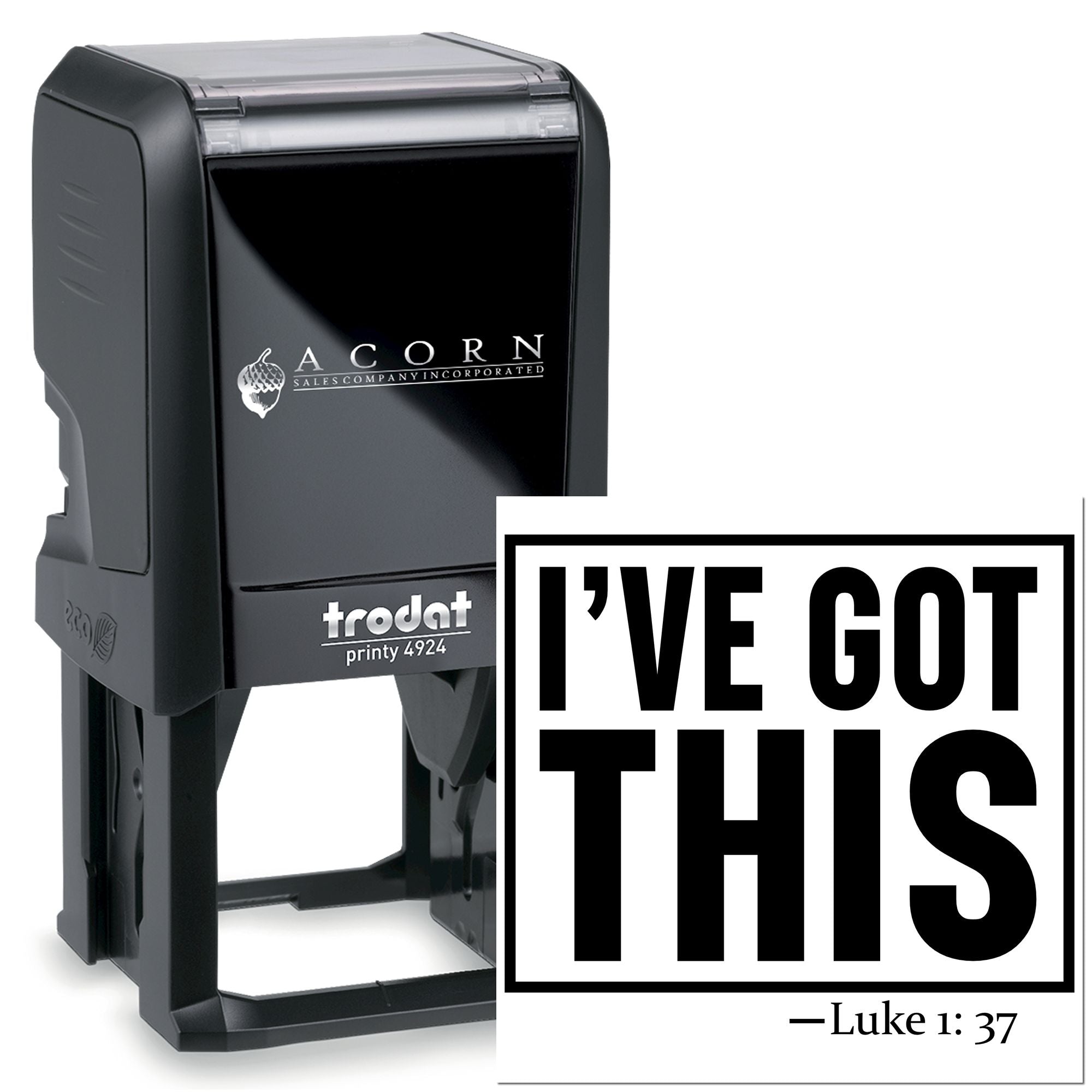 Self-inking rubber stamp with Ive Got This and Luke 1:37 scripture, custom Trodat Printy 4924 religious stamp.