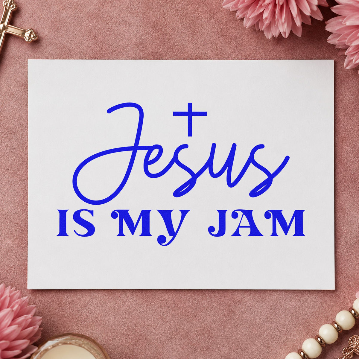 Jesus Is My Jam craft stamp in blue ink on cardstock, an easy option for scrapbook worship pages.