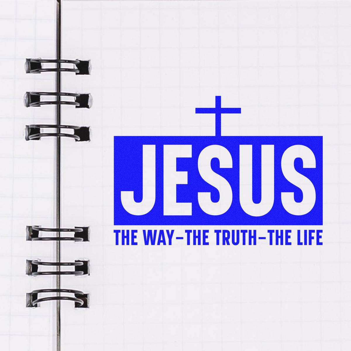 Jesus rubber stamp design with cross and The Way, The Truth, The Life on notebook page