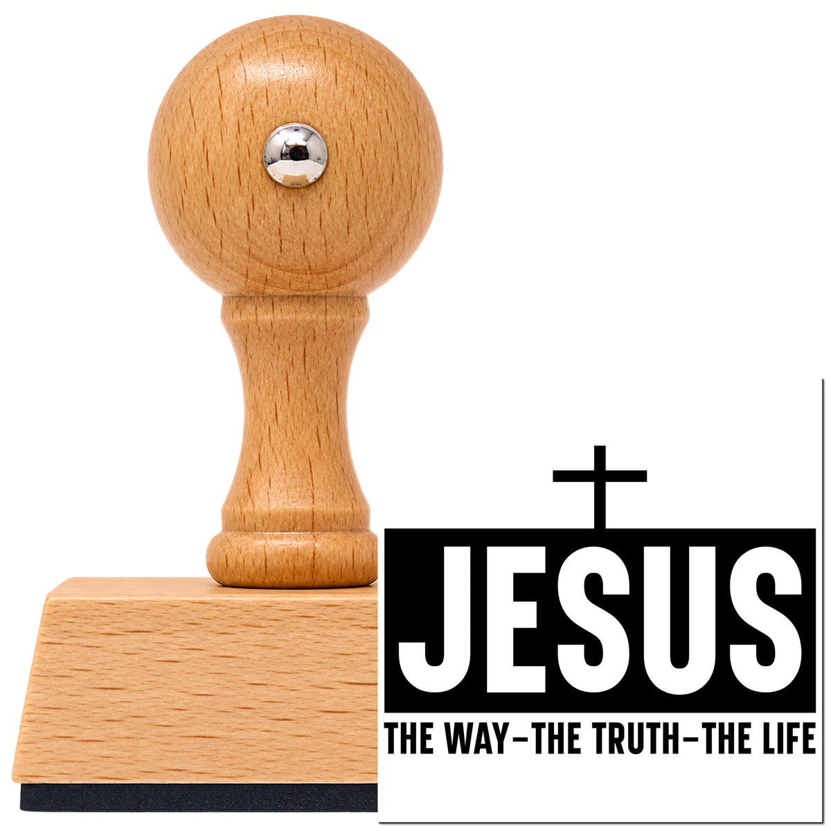 Jesus The Way Truth Life Vintage Pro rubber stamp in European beech wood with a round knob handle, shown beside its black imprint.