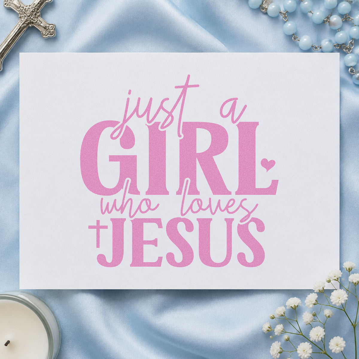 Just a Girl Who Loves Jesus craft stamp in purple ink on cardstock, an easy option for birthday gift tags.
