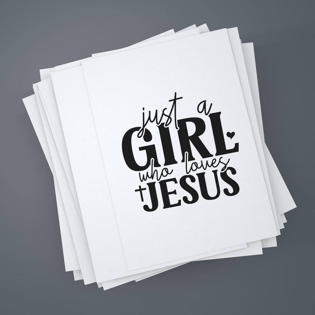 Custom rubber stamp design with Just a Girl Who Loves Jesus quote for Christian stationery and craft projects.