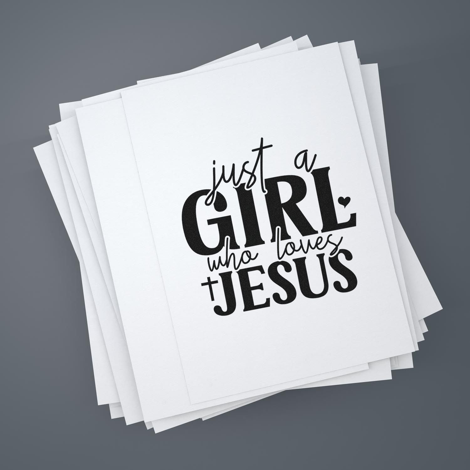 Faith-based rubber stamp design reading Just a Girl Who Loves Jesus for Christian crafts, cards, and stationery.