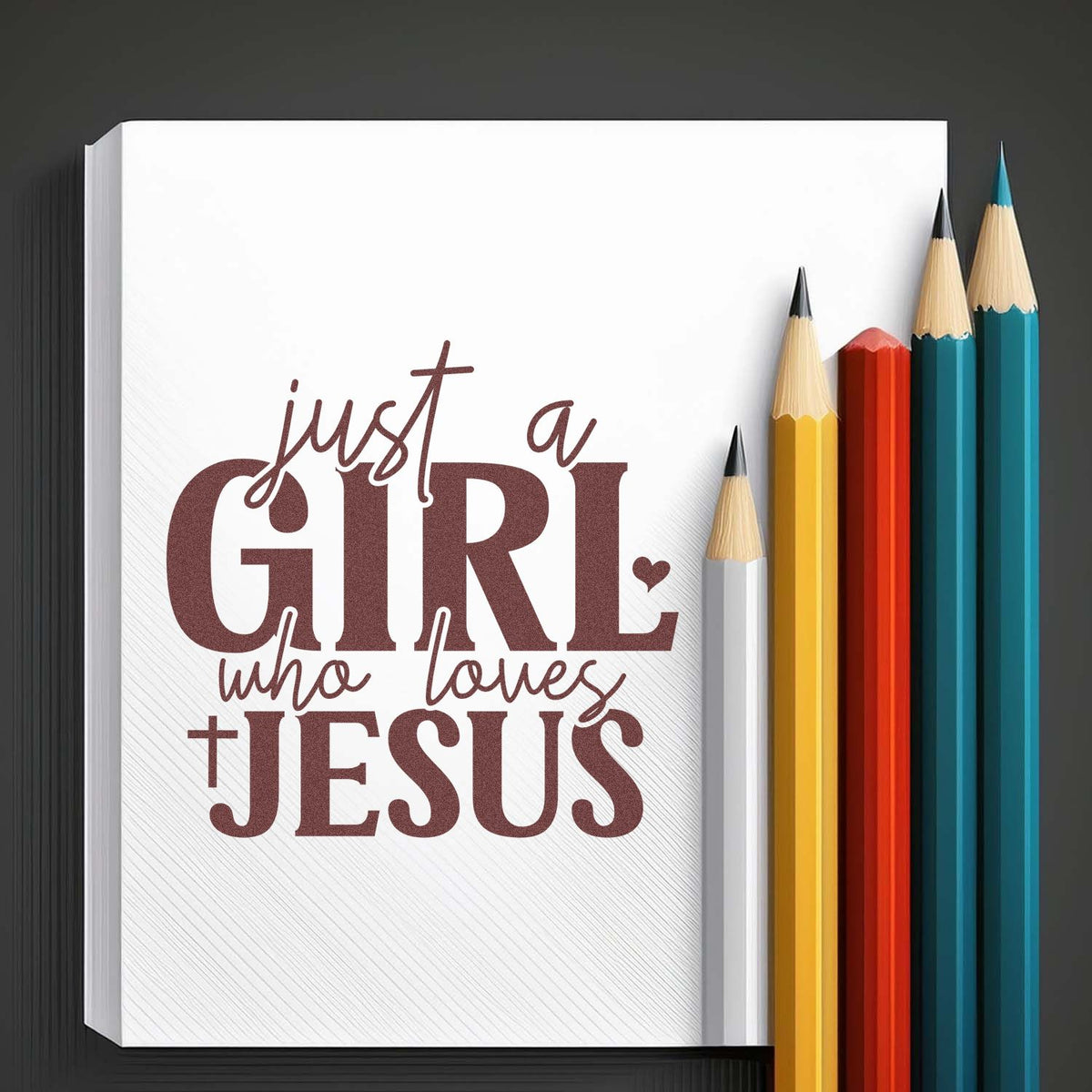 Christian rubber stamp design with Just a Girl Who Loves Jesus quote for notebooks, planners, and faith-based crafts.
