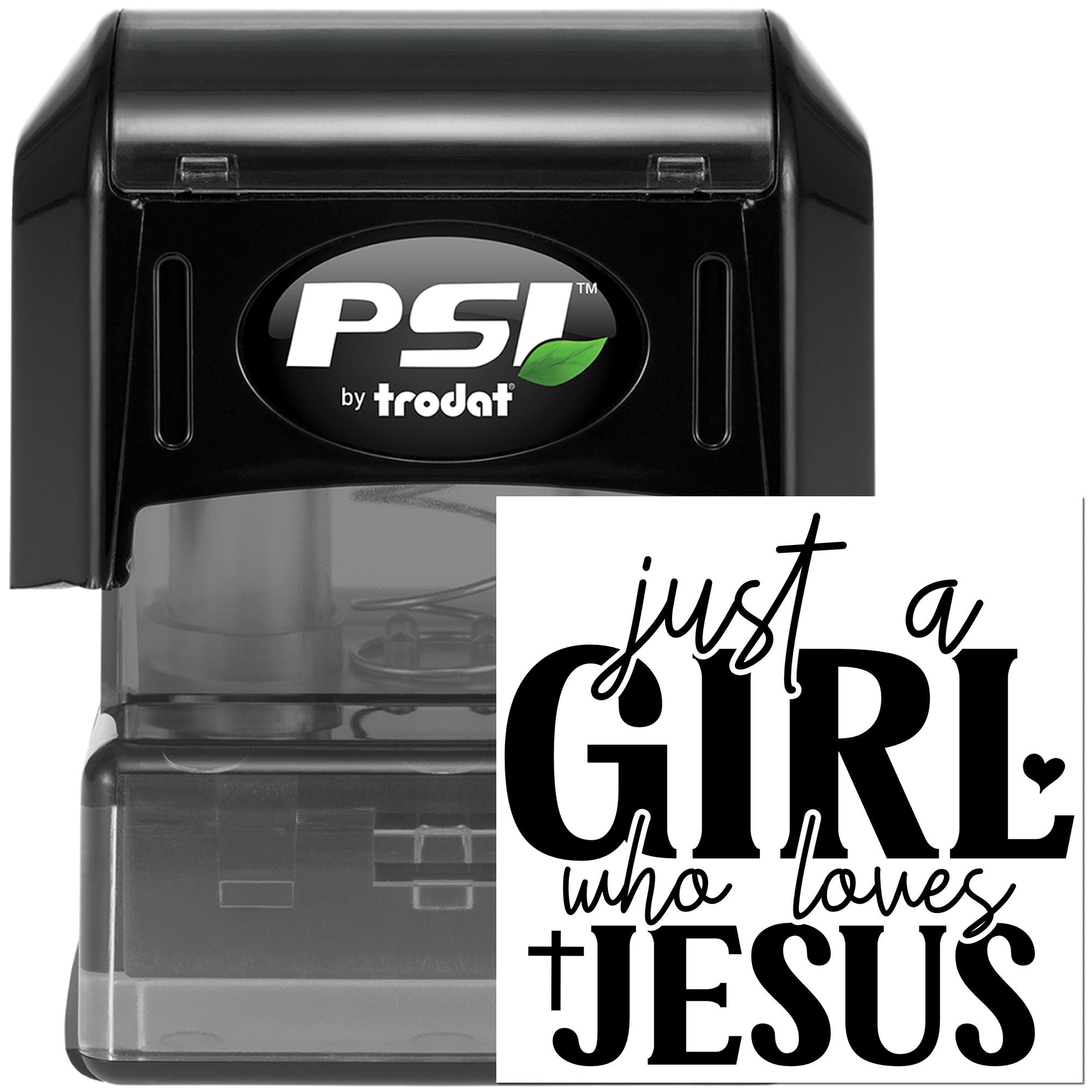 PSI by Trodat self-inking rubber stamp with Just a Girl Who Loves Jesus design for personalized faith gifts.