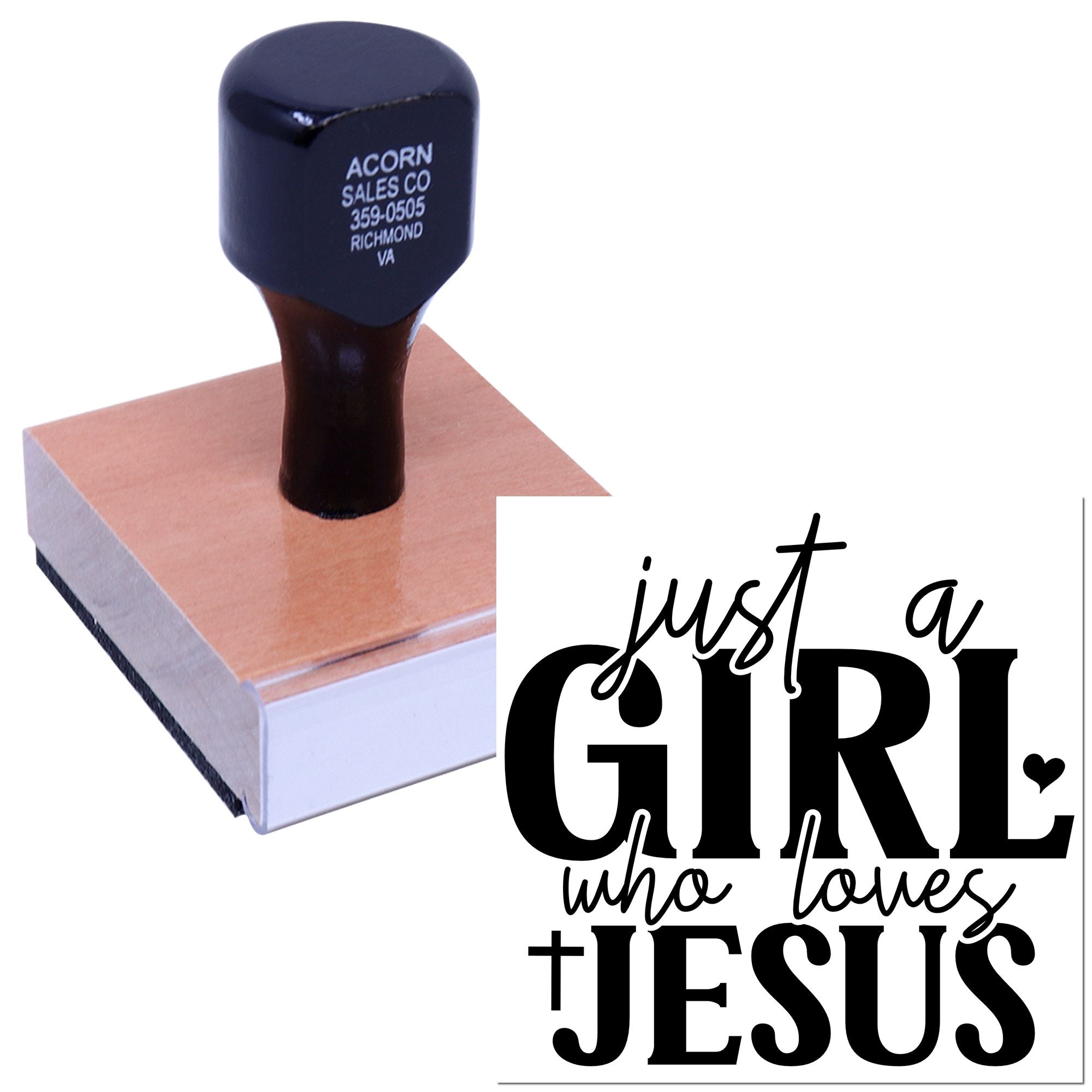 Custom rubber stamp with "Just a Girl Who Loves Jesus" design for Bible journaling, crafts, and faith-based projects.