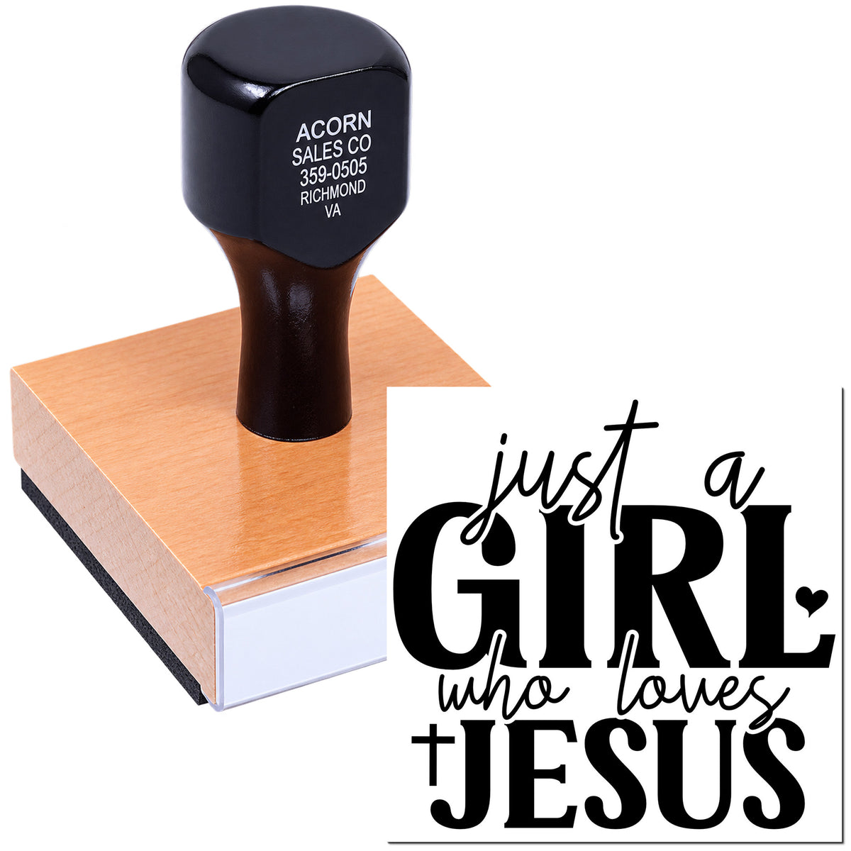Custom rubber stamp with "Just a Girl Who Loves Jesus" design for Bible journaling, crafts, and faith-based projects.