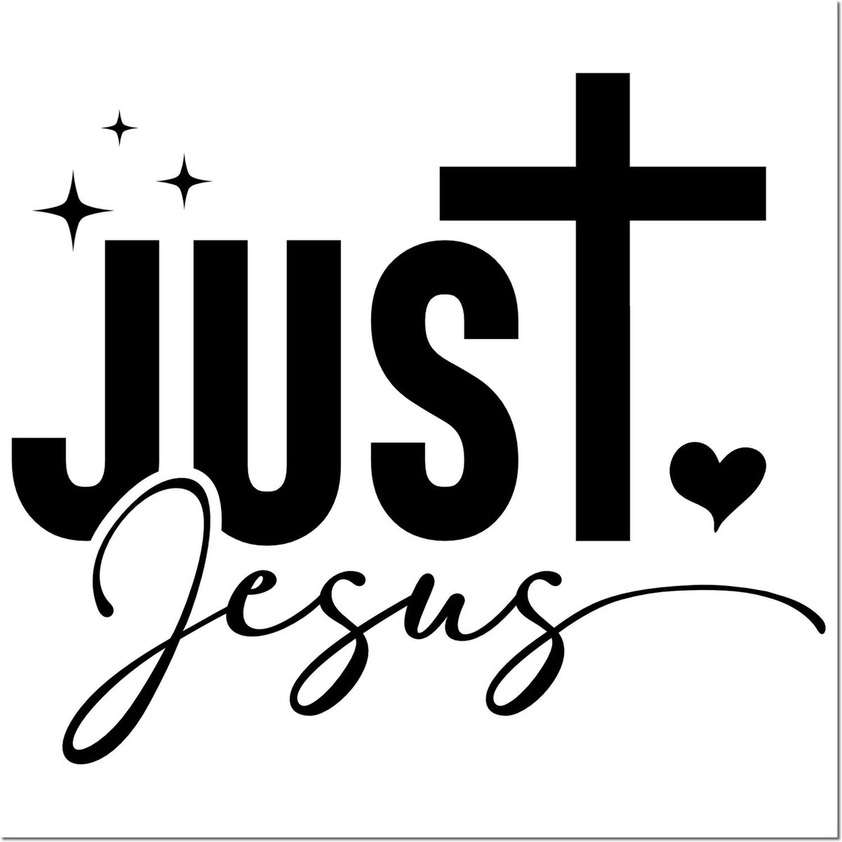 Just Jesus Christian rubber stamp design with sparkles and heart, bold faith-inspired typography.