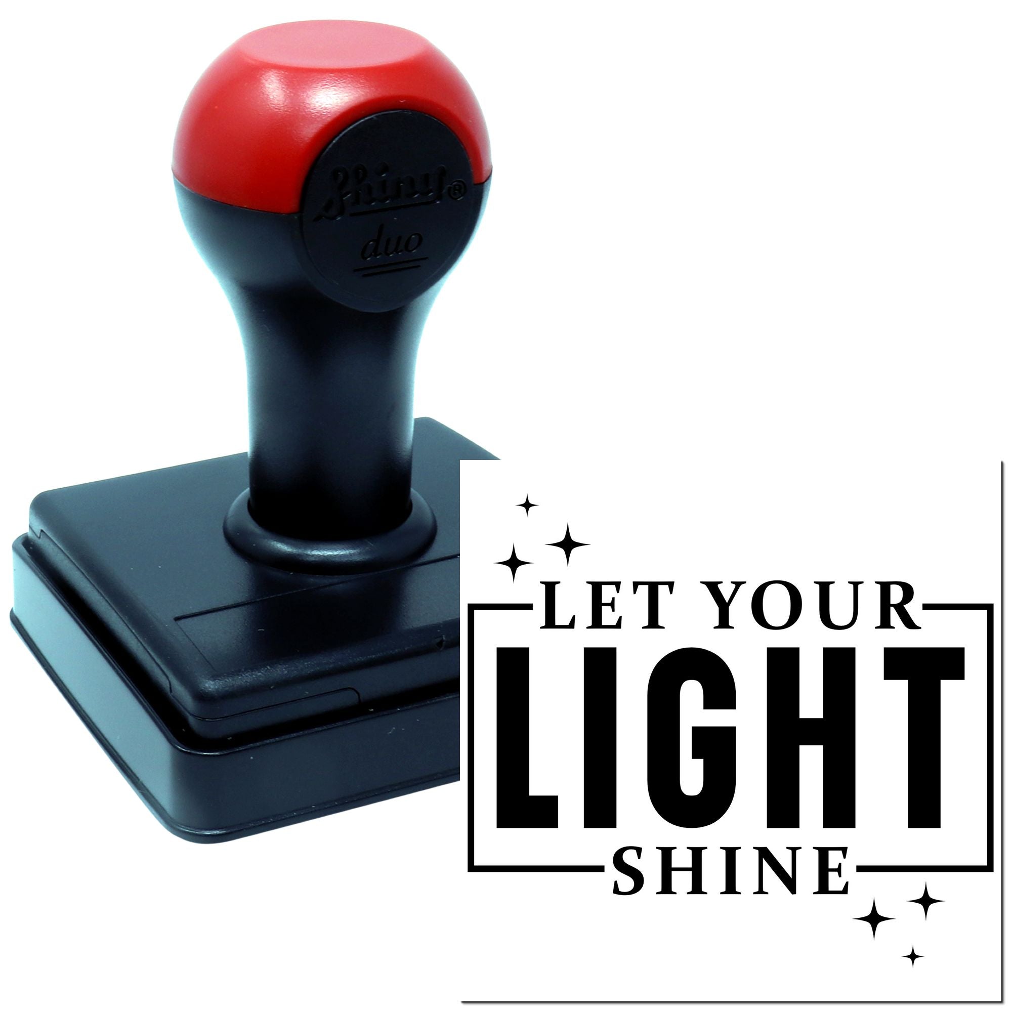 Self-inking custom rubber stamp with Let Your Light Shine artwork for inspirational branding, packaging, and craft projects.