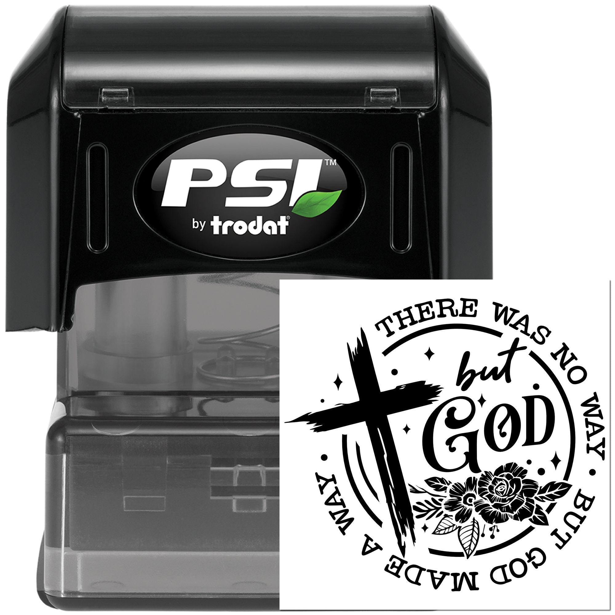 Christian custom self-inking rubber stamp by PSI Trodat with quote There was no way but God made a way and cross design