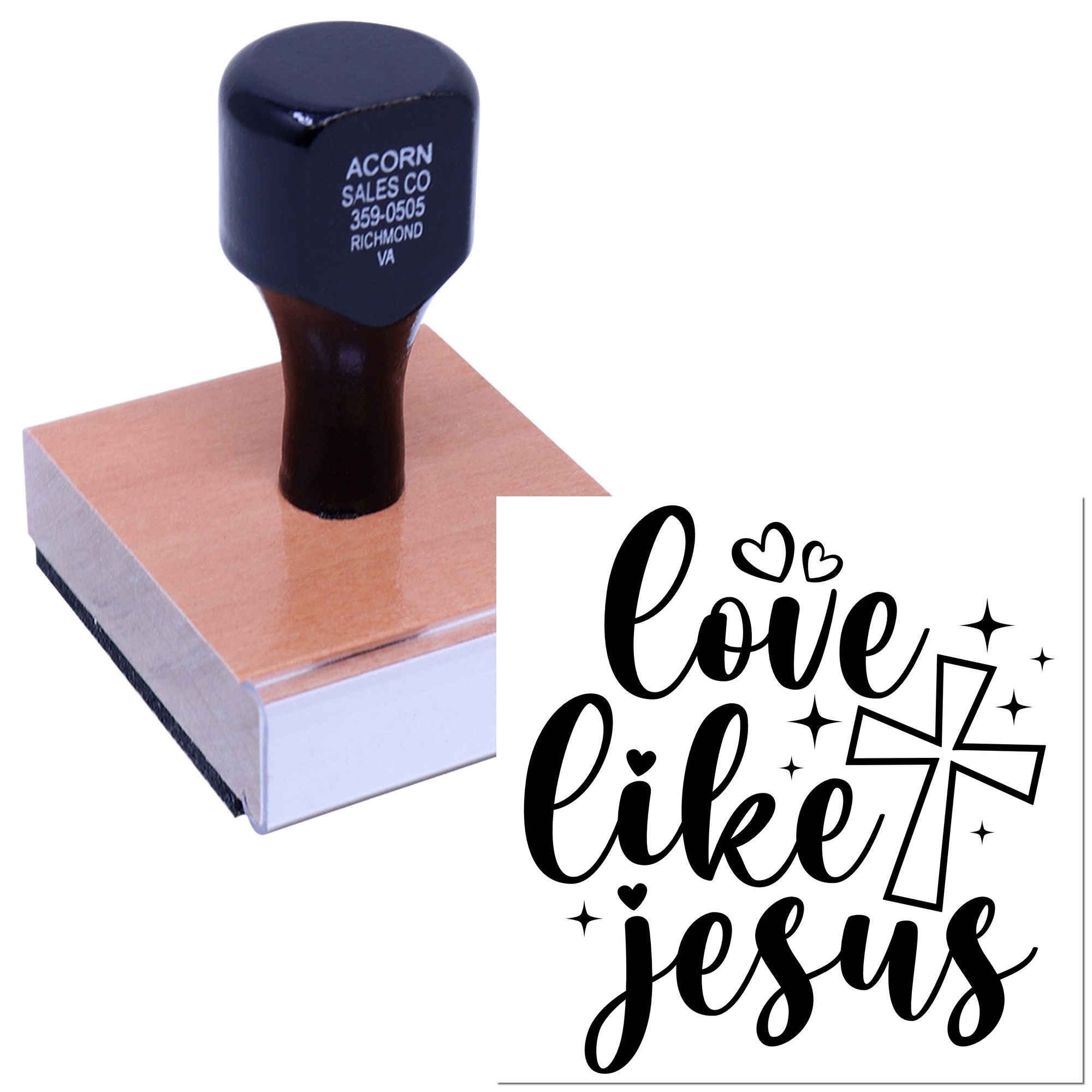 Custom rubber stamp with Love Like Jesus design and cross, ideal for Christian craft projects and faith-based stamping.