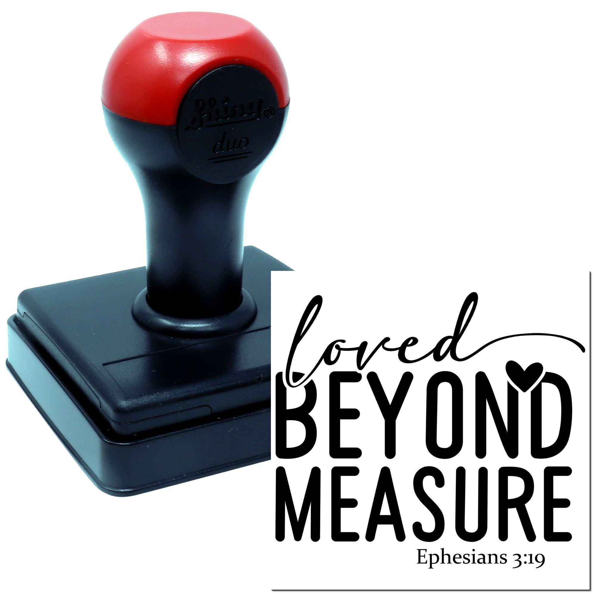 Custom self-inking rubber stamp with Loved Beyond Measure Ephesians 3:19 Christian message design preview