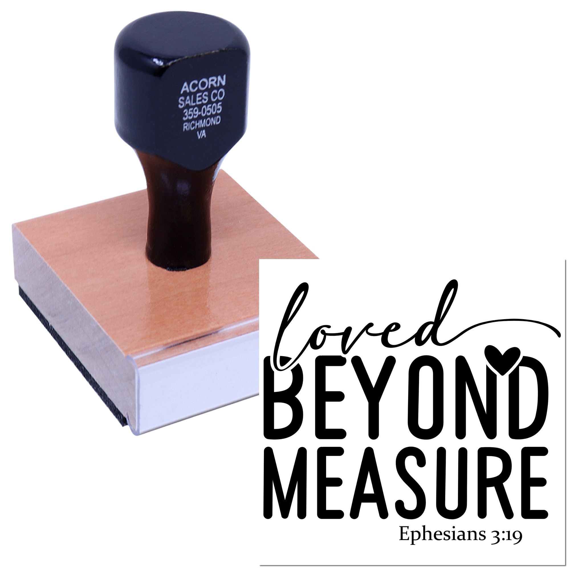 Custom rubber stamp with Loved Beyond Measure and Ephesians 3:19 for faith-based cards, crafts, and church projects.