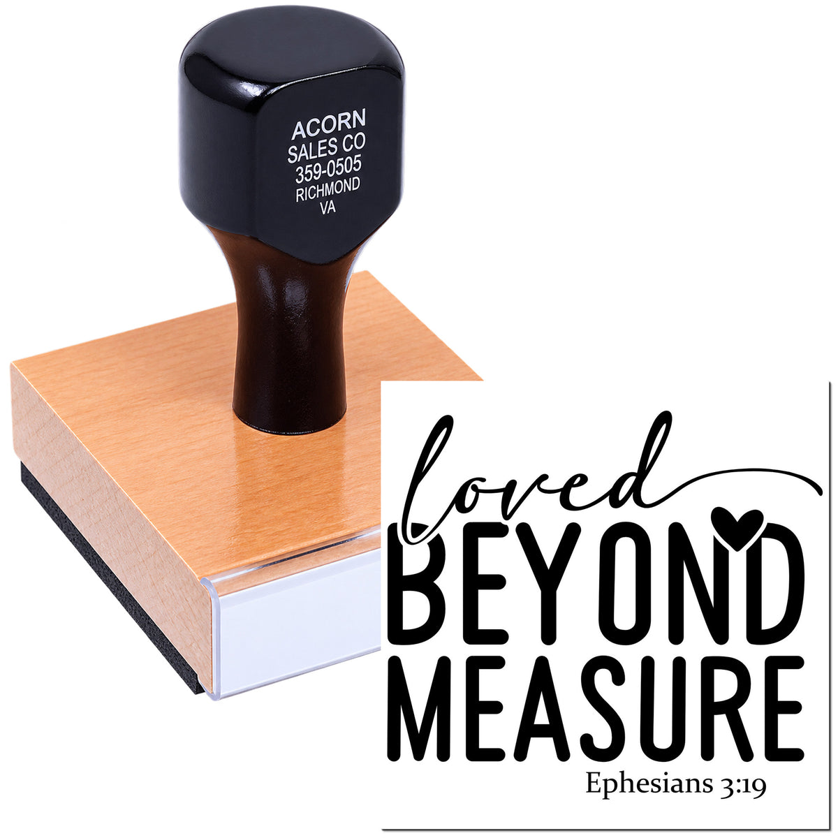 Custom rubber stamp with Loved Beyond Measure and Ephesians 3:19 for faith-based cards, crafts, and church projects.