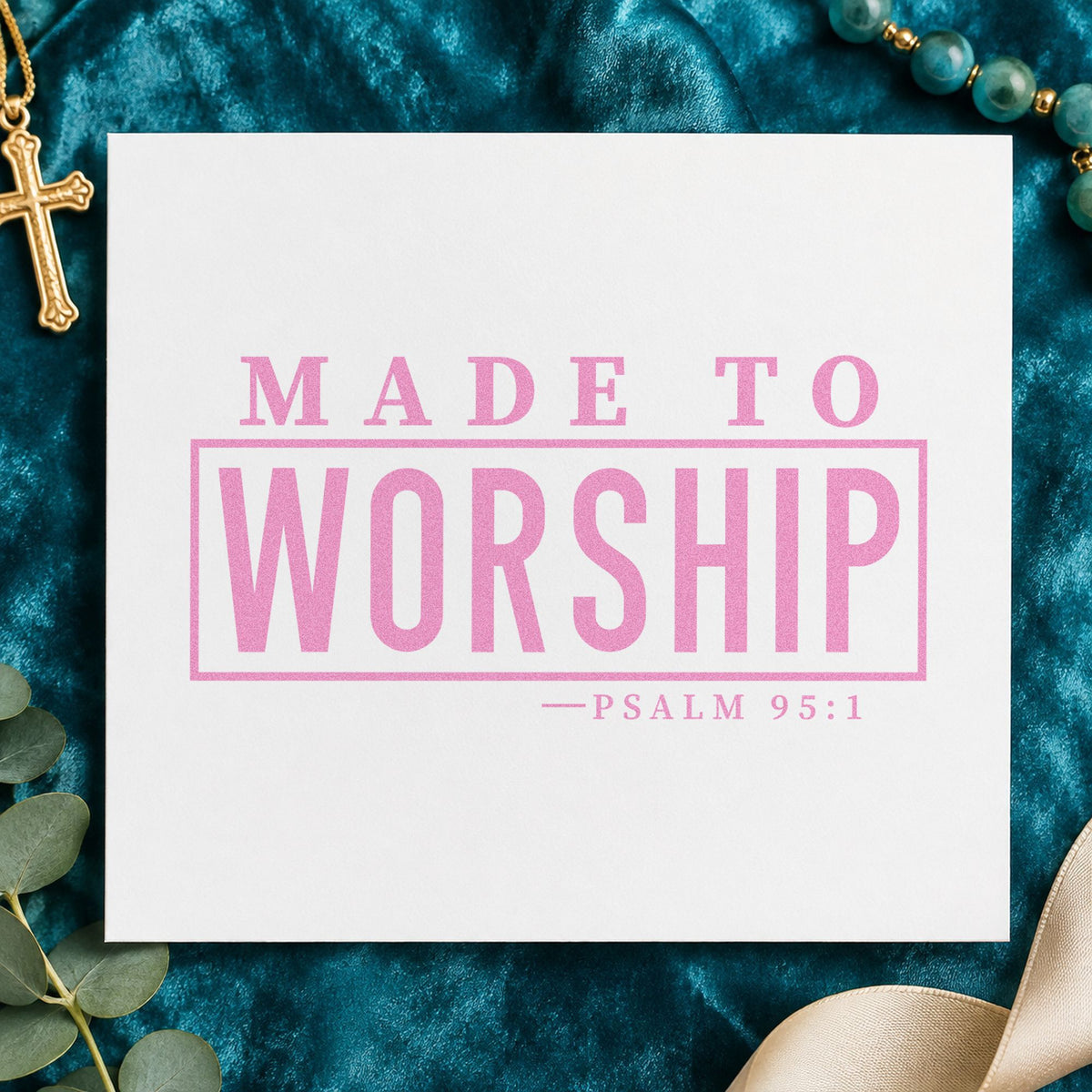 Made to Worship craft stamp in purple ink on cardstock, an easy option for choir robe tags.