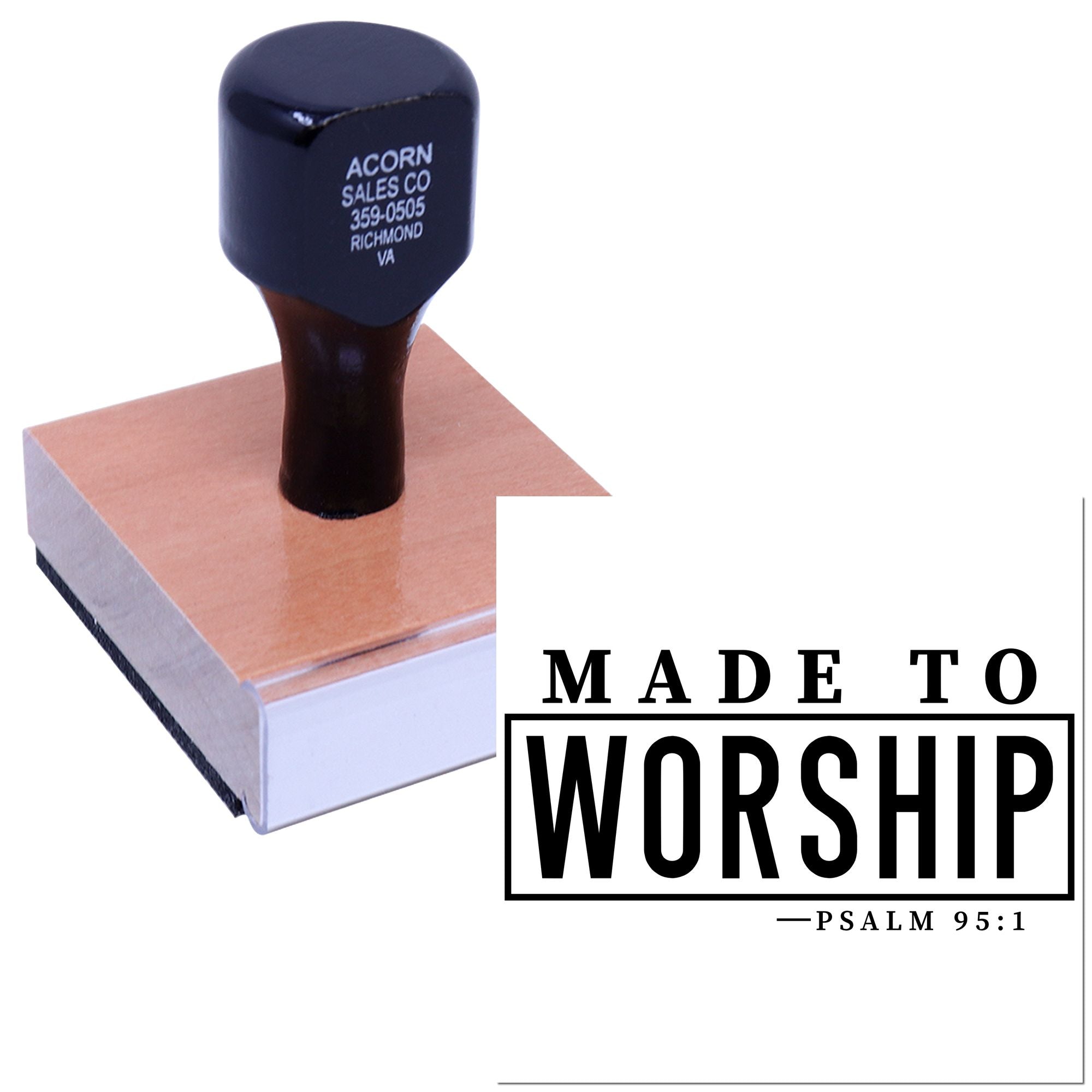 Custom rubber stamp displaying Made to Worship Psalm 95:1 for Christian crafts, church materials, and faith-based projects.