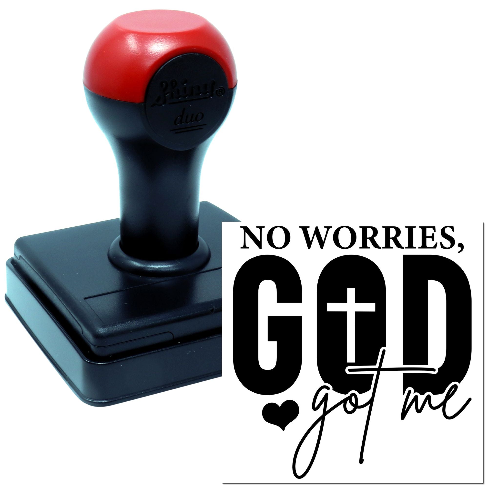 Self-inking rubber stamp with No worries, God got me inspirational message for faith-based crafts and business use.