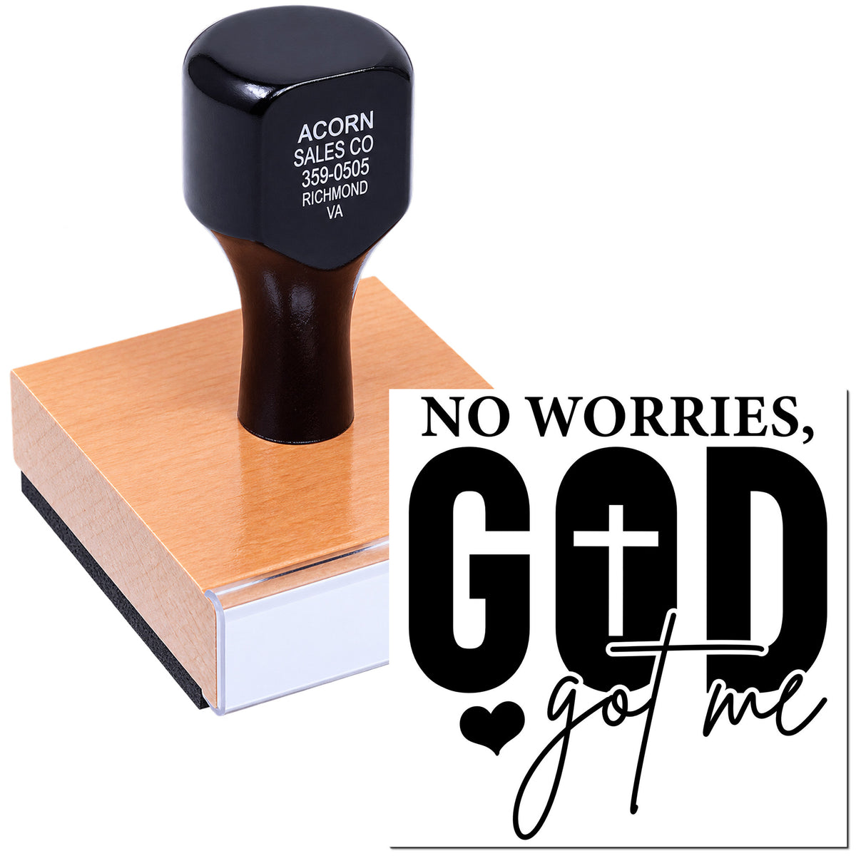 Faith-based custom rubber stamp with No worries, GOD got me design for cards, crafts, and inspirational projects.