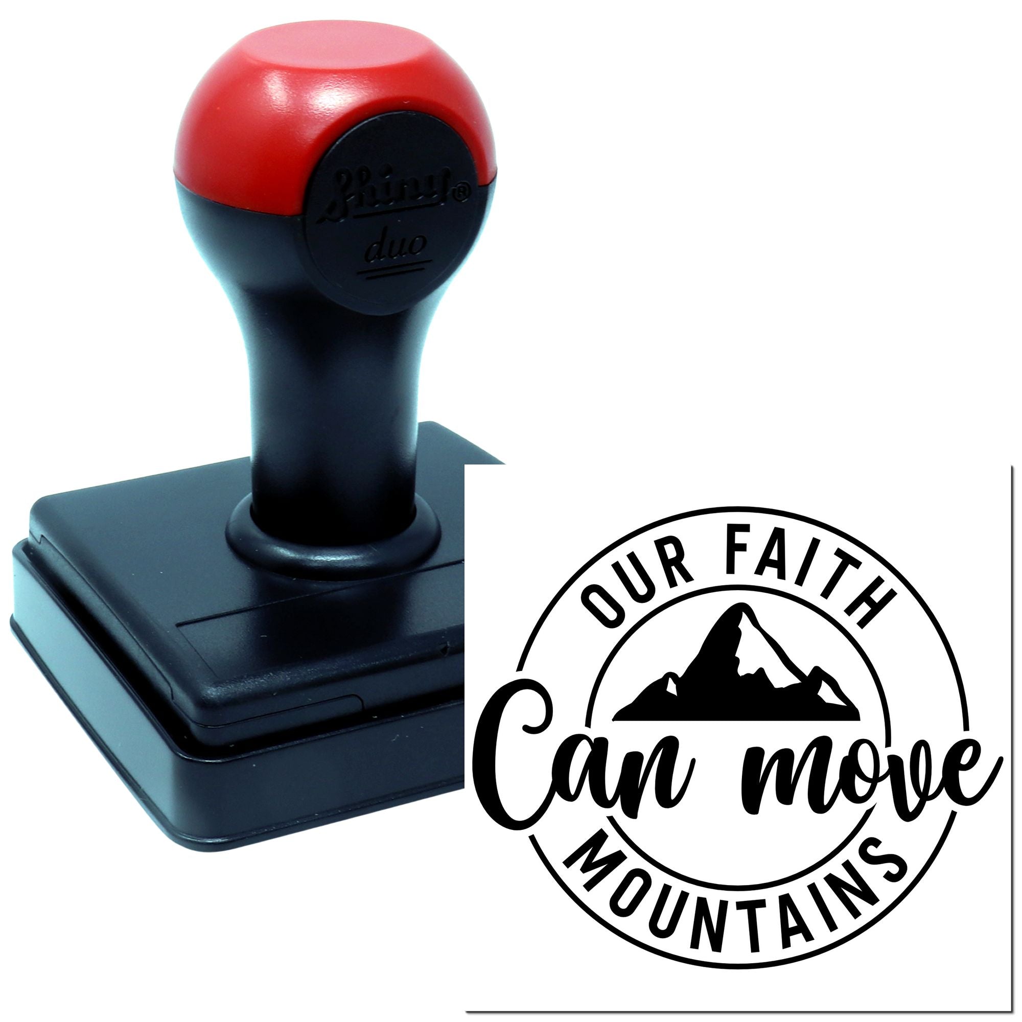 Custom self-inking rubber stamp with Our Faith Can Move Mountains design for church crafts and faith ministry.