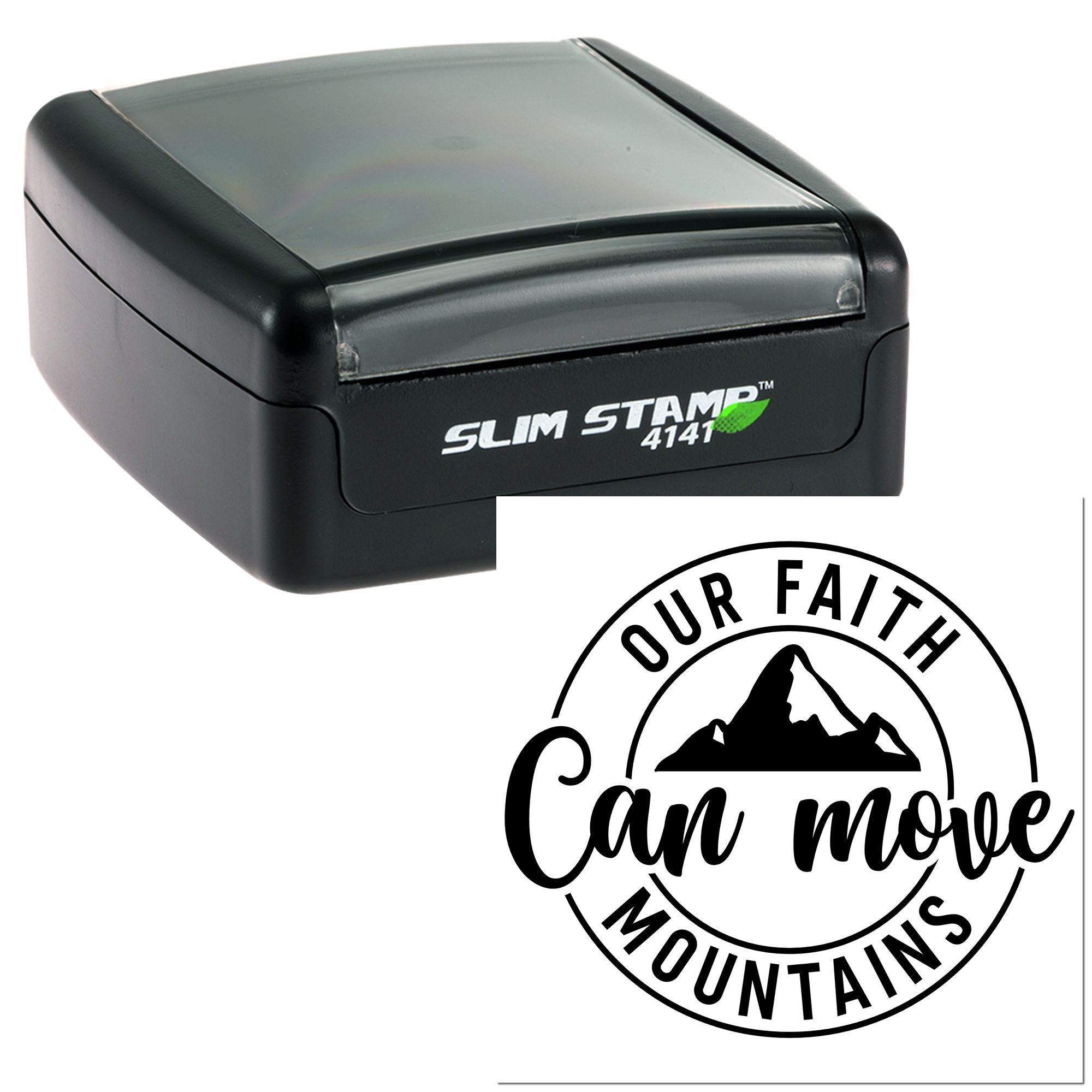 Custom self-inking rubber stamp with Our Faith Can Move Mountains design for Christian cards, crafts, and business use.