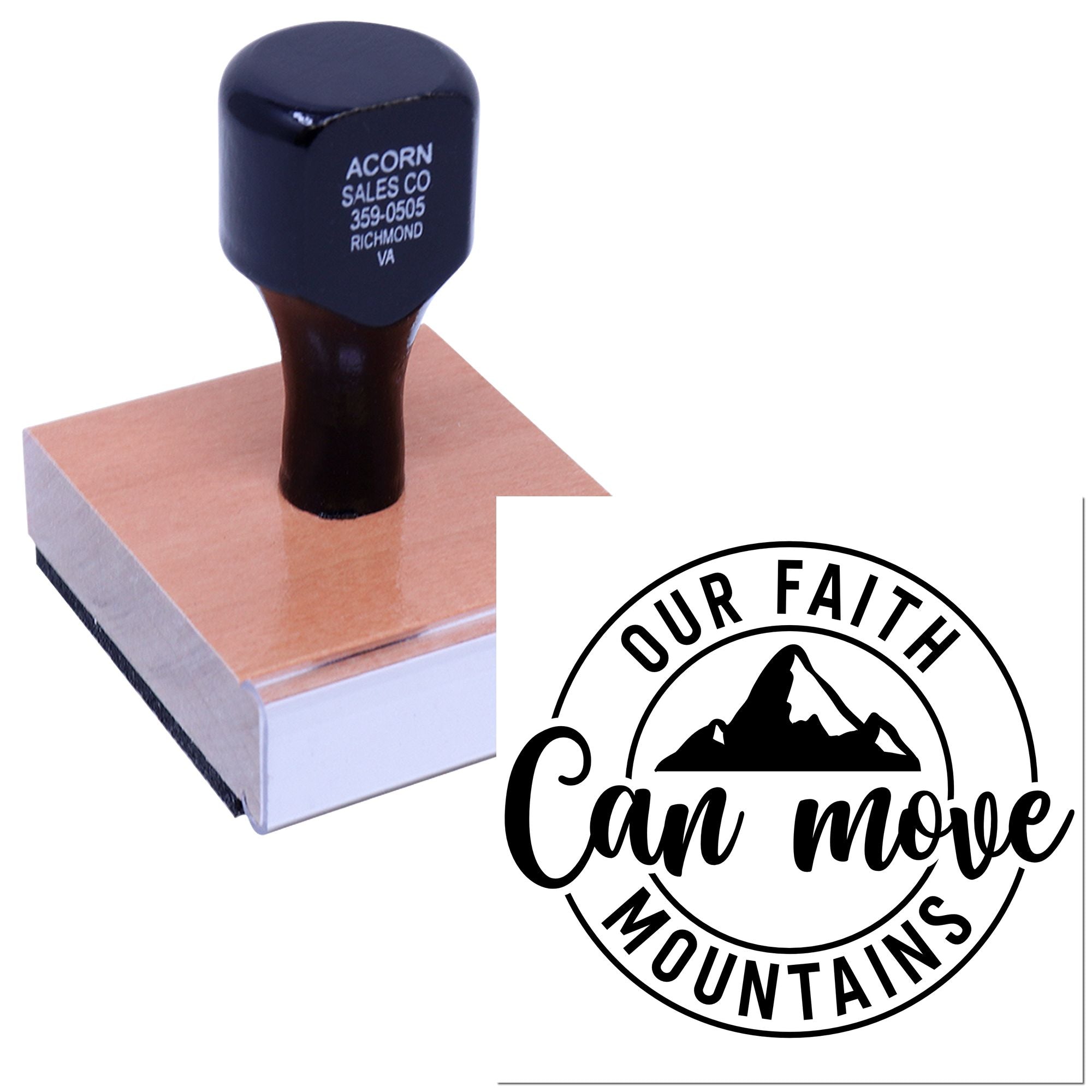 Custom rubber stamp mockup with Our Faith Can Move Mountains mountain logo for faith-based branding.