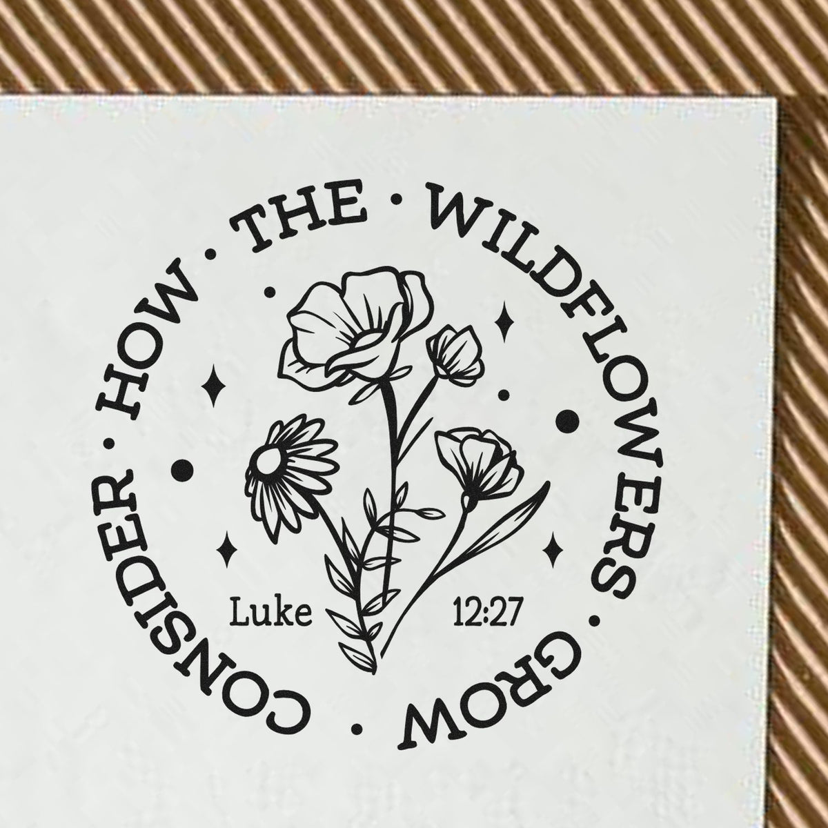 Wildflower Bible verse rubber stamp design with floral quote, How the wildflowers grow, and Luke 12:27.