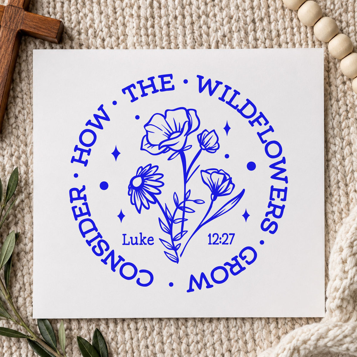 Consider the Wildflowers Circle craft stamp imprinted in blue ink on paper, a design suited to canvas totes.