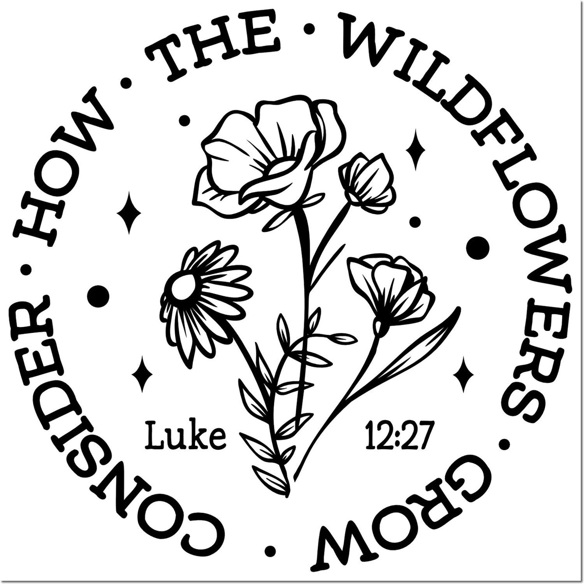 Christian floral rubber stamp design with How the Wildflowers Grow, Luke 12:27, for Bible journaling and crafting.
