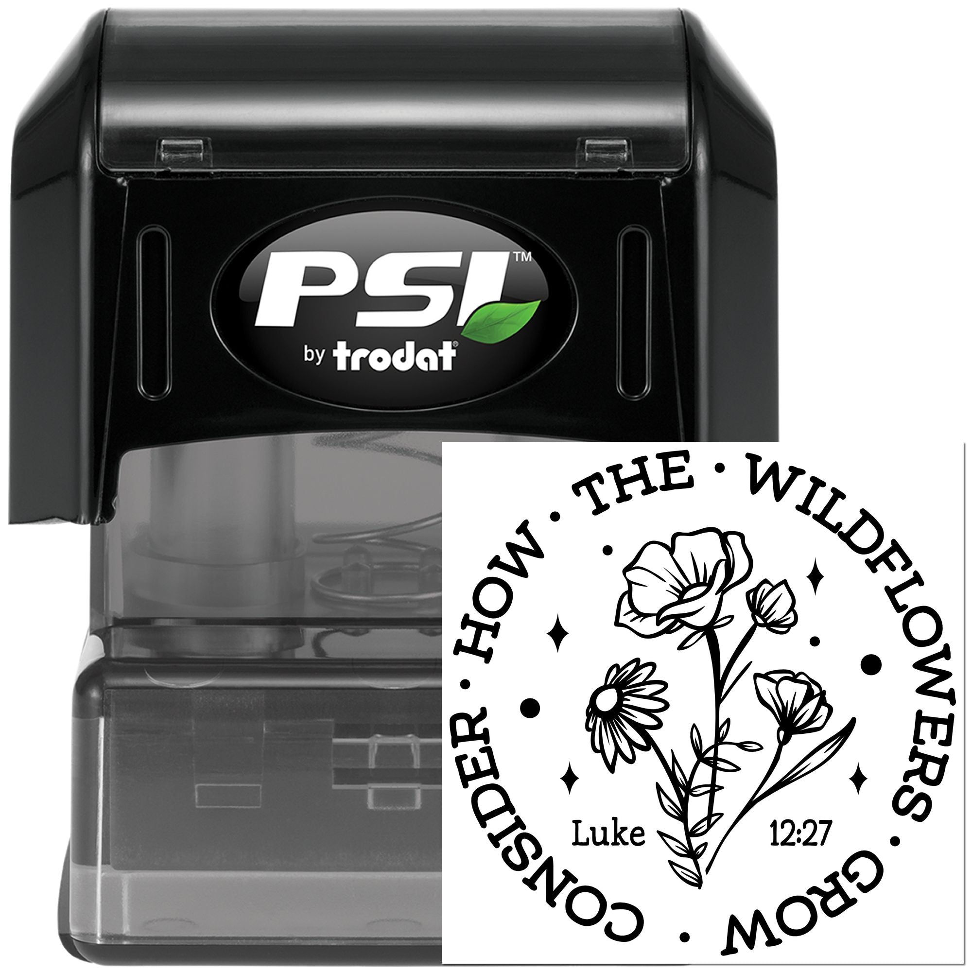 Custom self-inking rubber stamp with floral Bible verse design, How the Wildflowers Grow from Luke 12:27.