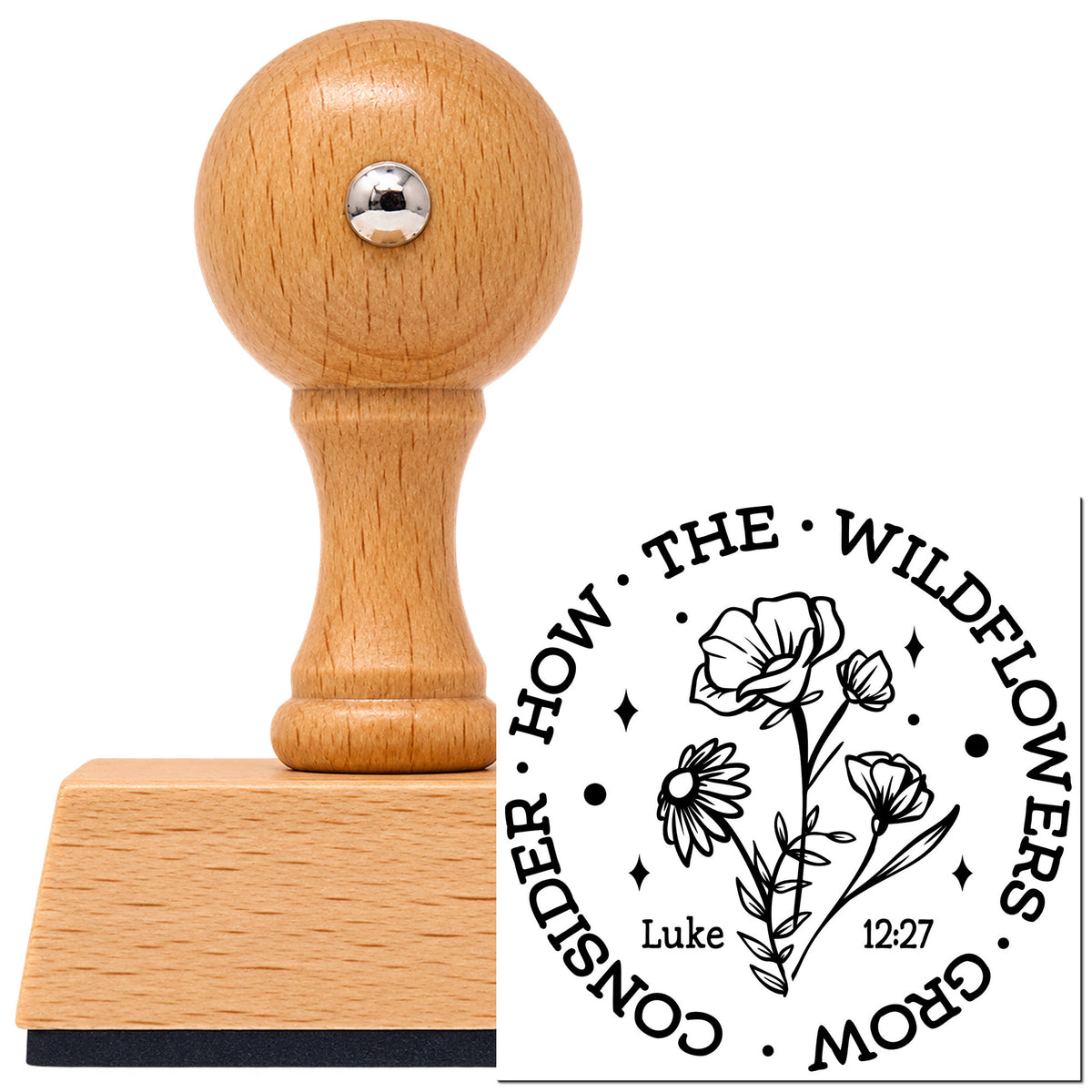 Consider The Wildflowers Circle Vintage Pro rubber stamp in European beech wood with a round knob handle, shown beside its black imprint.