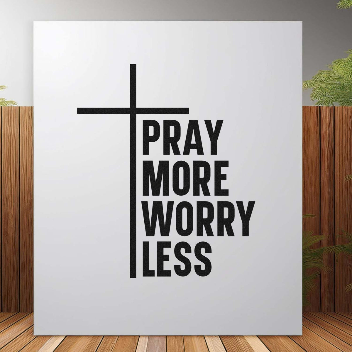 Christian rubber stamp design with cross and Pray More Worry Less inspirational quote for faith-based crafts.