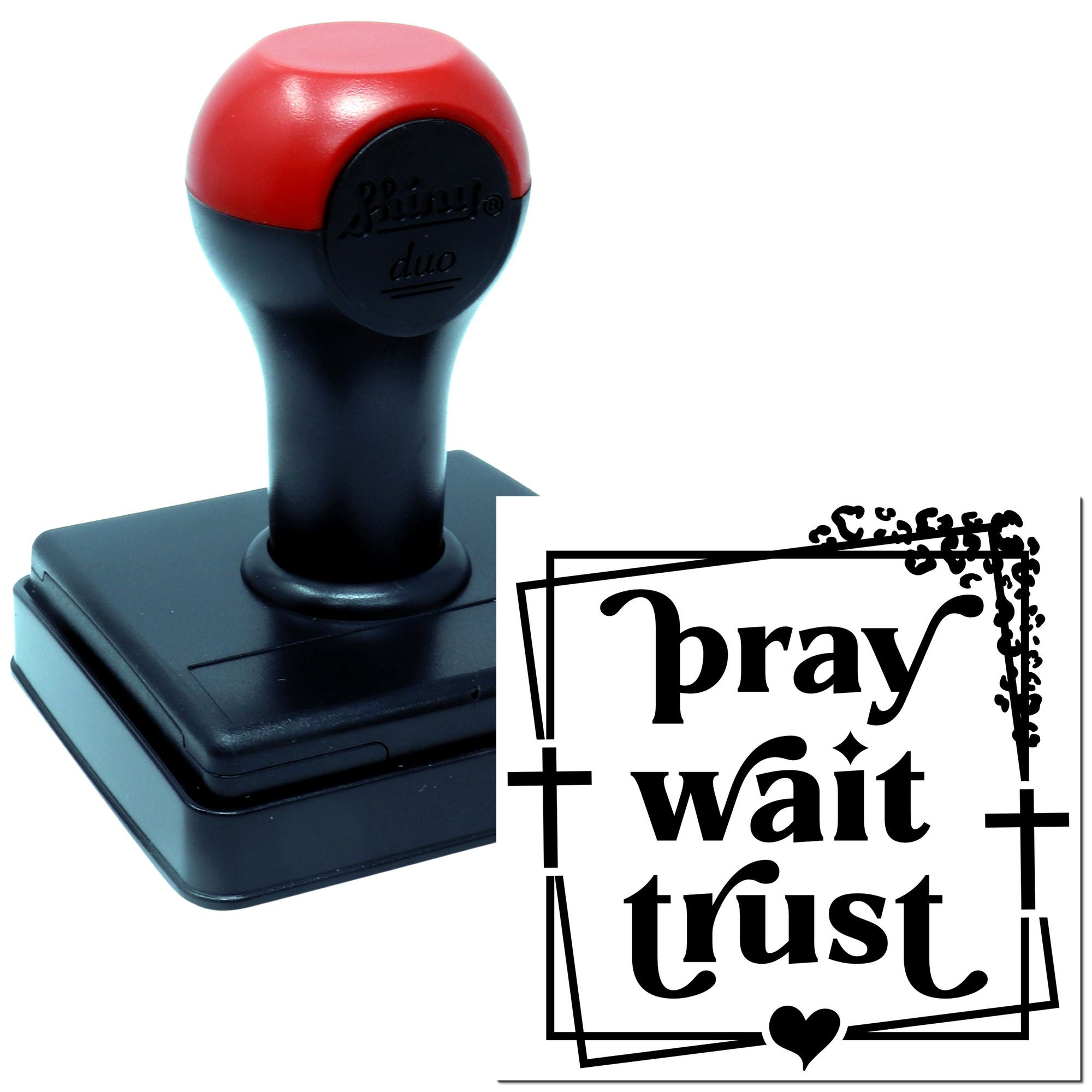 Inspirational rubber stamp with pray wait trust design for faith-based crafts, cards, and handmade projects.