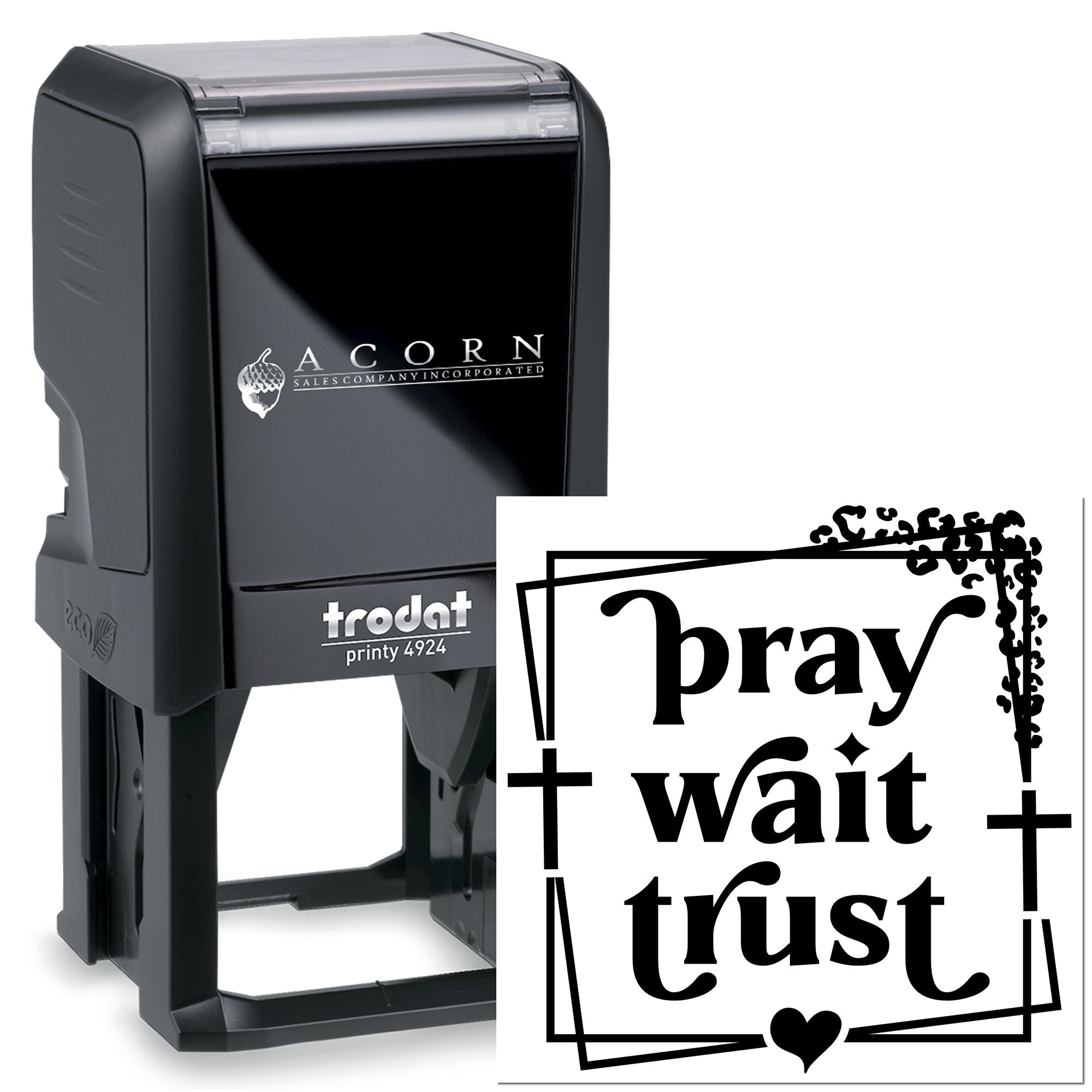 Trodat self-inking rubber stamp with Pray Wait Trust design for faith-based crafts and custom impressions.
