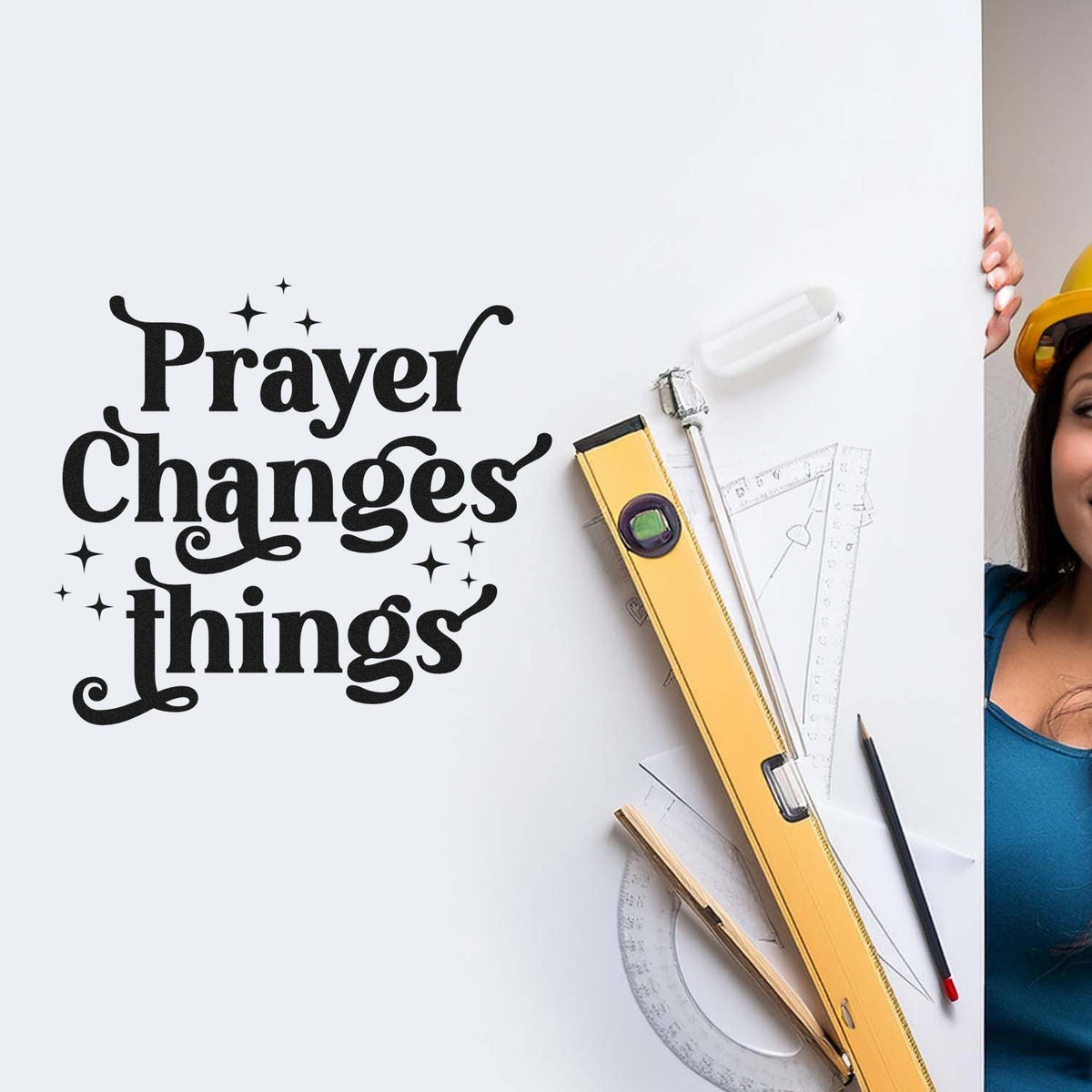 Christian Prayer Changes Things rubber stamp design with bold black lettering, stars, and crafting tools on white.