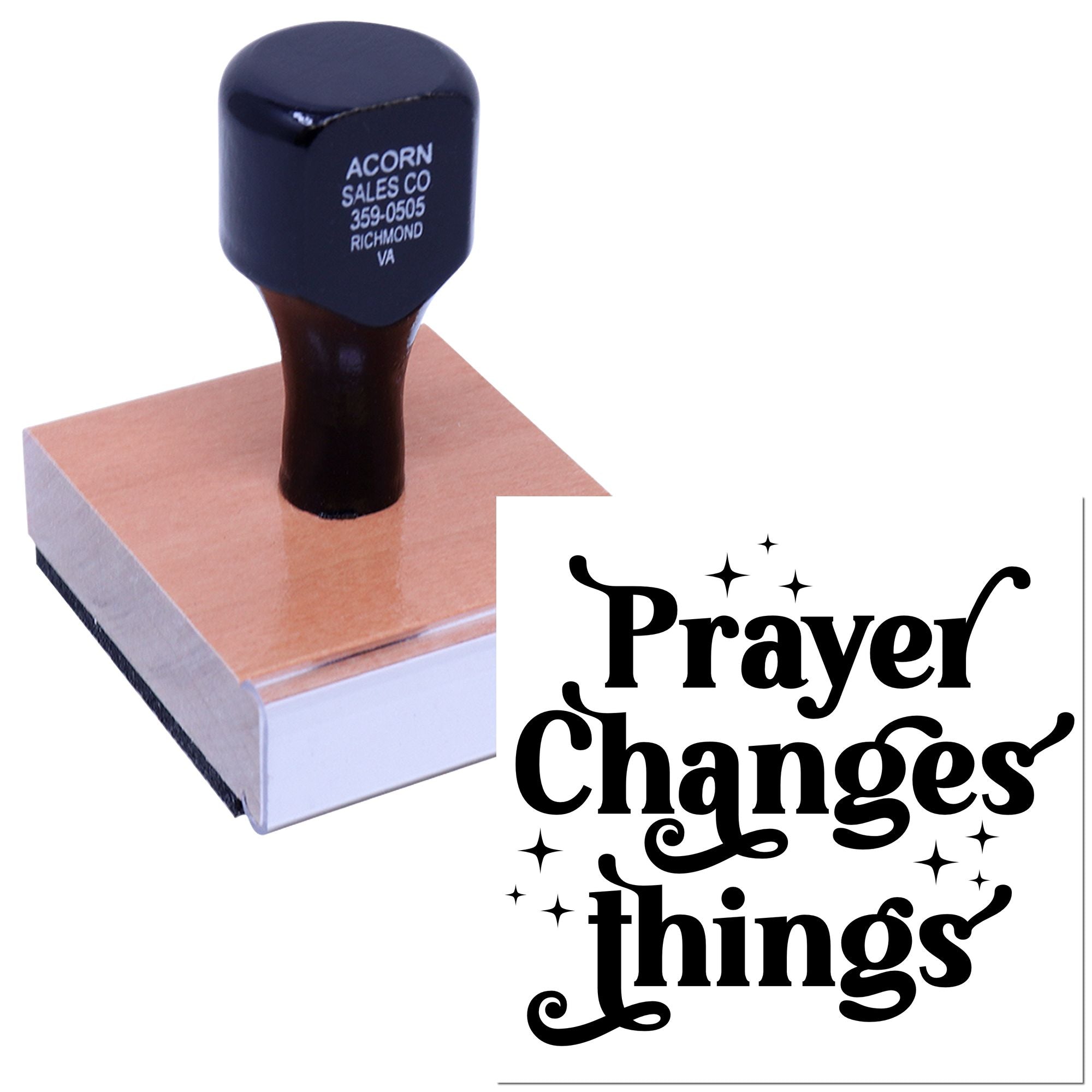Custom rubber stamp with Prayer Changes Things design and business address imprint sample.