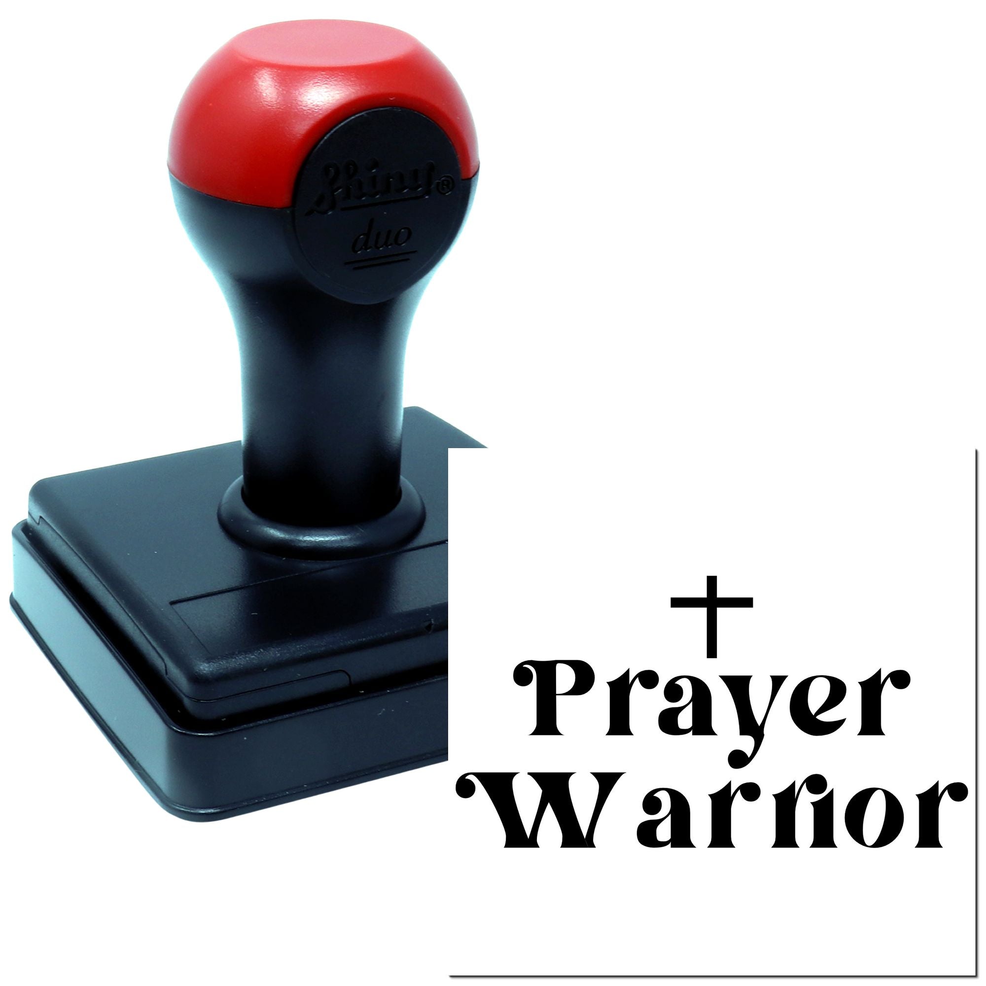 Self-inking rubber stamp with Prayer Warrior and cross, ideal for faith-based notes, cards, and church use.