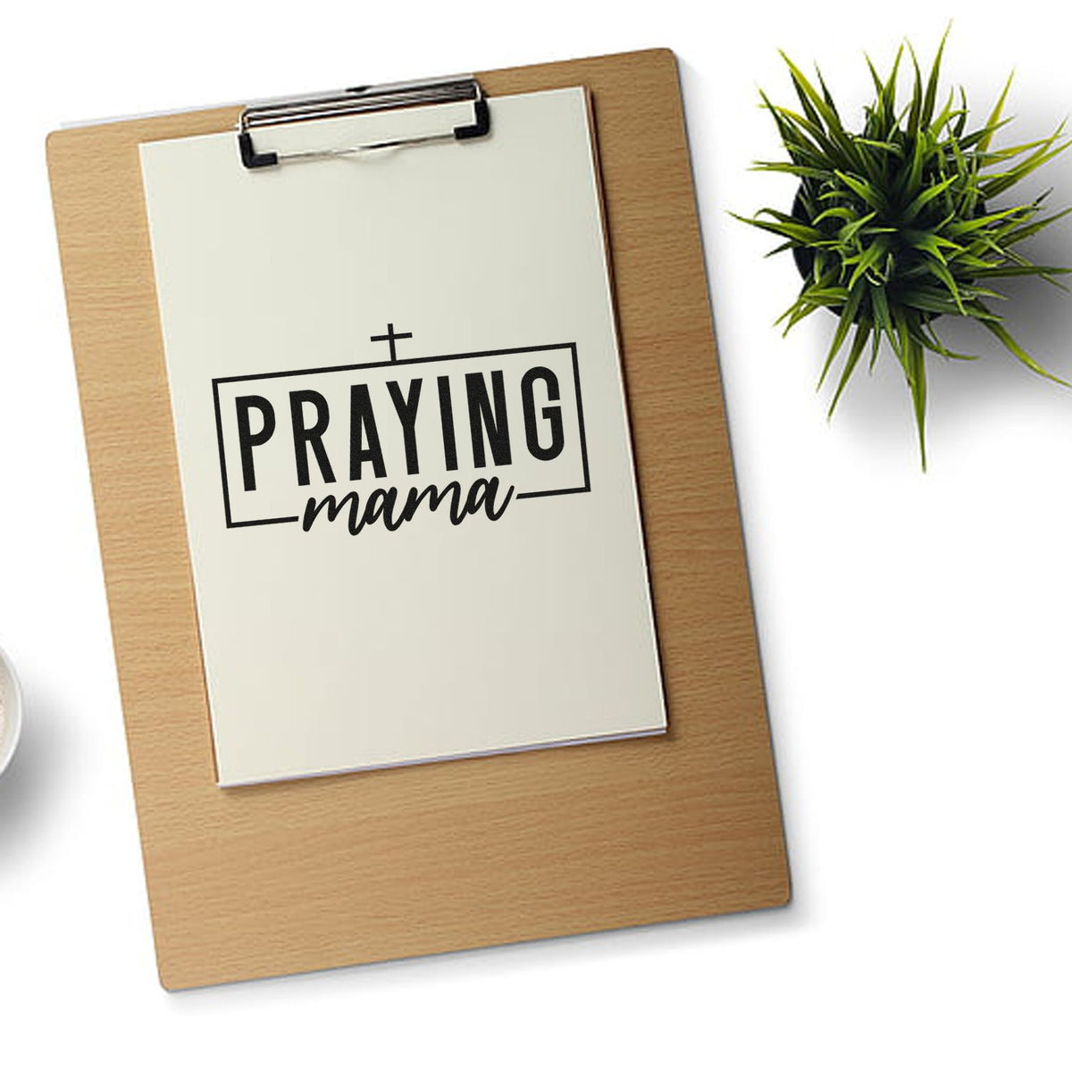 Praying Mama rubber stamp design for Christian crafts, faith-based handmade projects, and inspirational gift packaging.