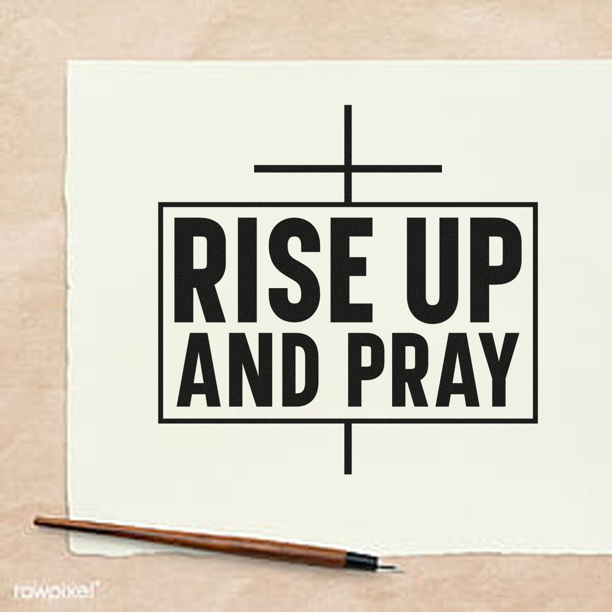 Christian rubber stamp design with cross and bold Rise Up and Pray text for inspirational faith projects.