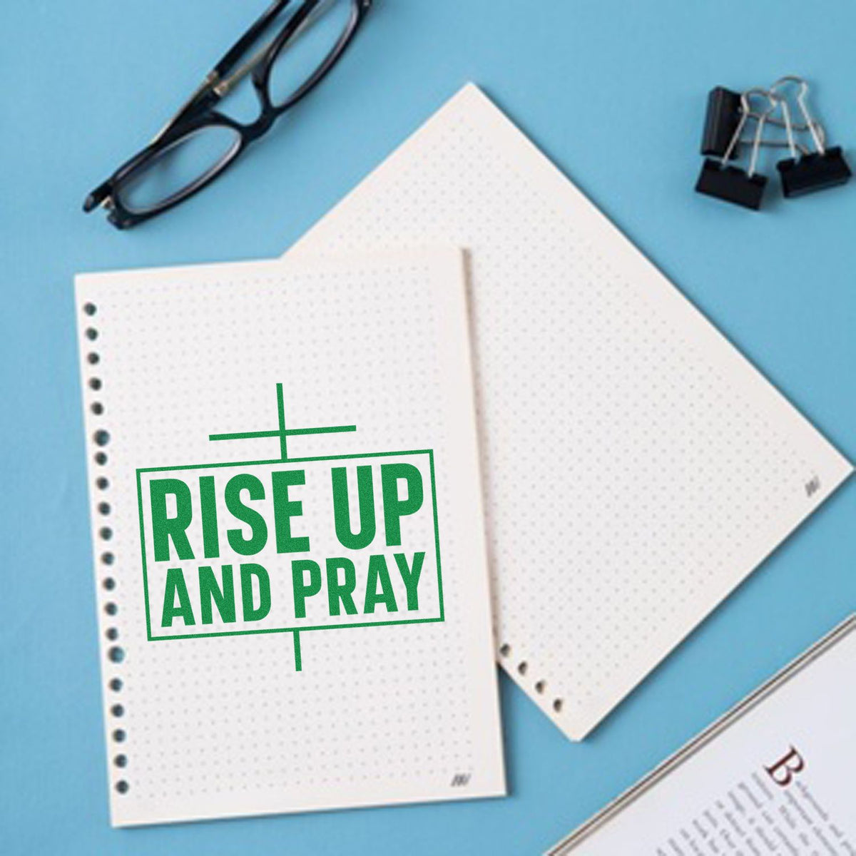 Faith-based rubber stamp with Rise Up and Pray text for Christian journaling, planners, and stationery.
