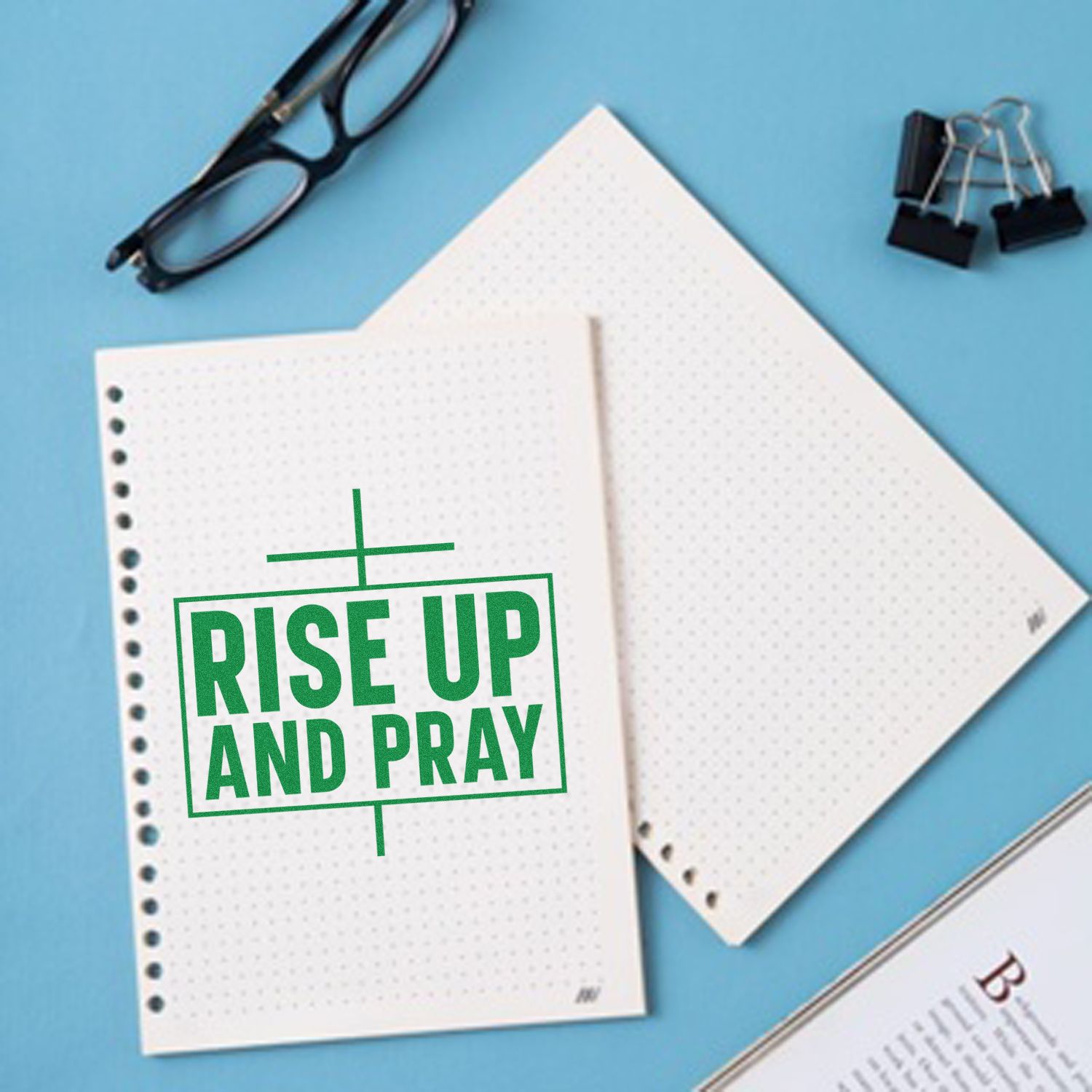 Christian rubber stamp design with Rise Up and Pray text on notebook paper, perfect for faith journaling and scrapbooking.