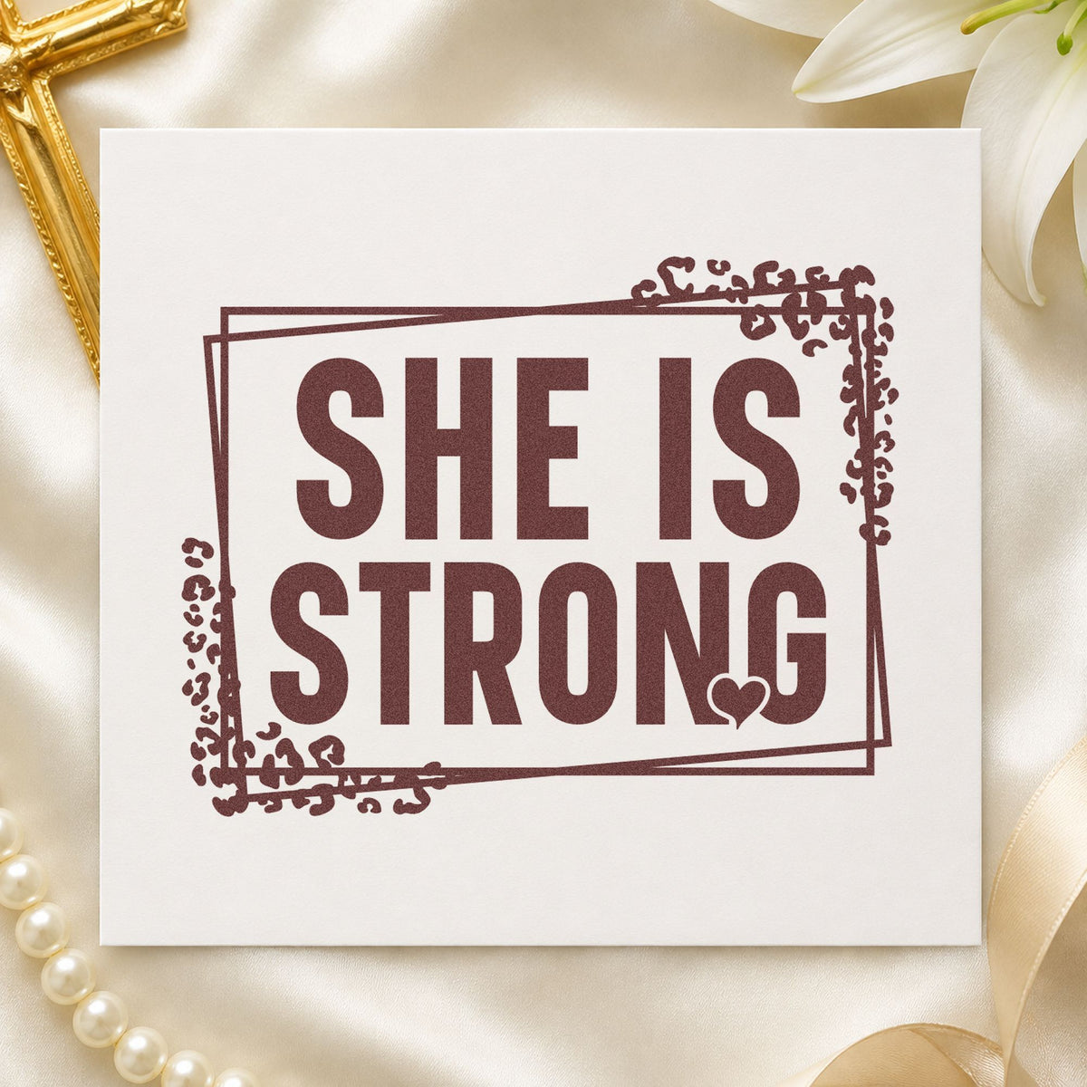 She Is Strong rubber stamp printed in brown ink, ready for scrapbook strength pages and similar paper crafts.