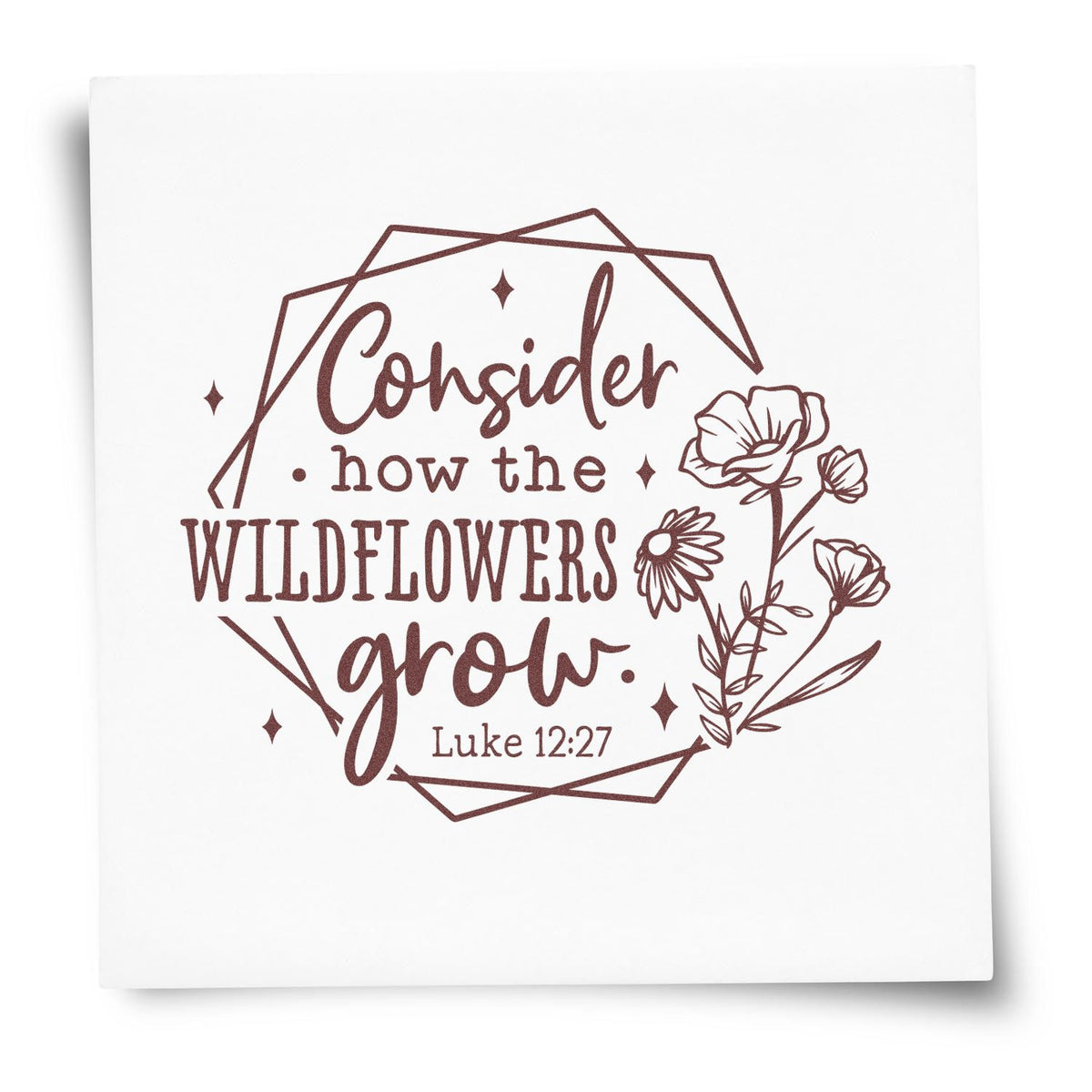 Christian rubber stamp with Bible verse Consider how the wildflowers grow Luke 12:27, featuring floral line art design