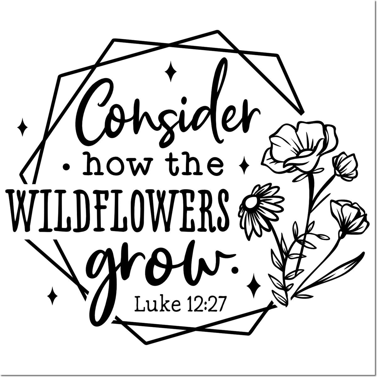 Inspirational Christian rubber stamp with wildflowers and Luke 12:27 verse, Consider how the wildflowers grow.