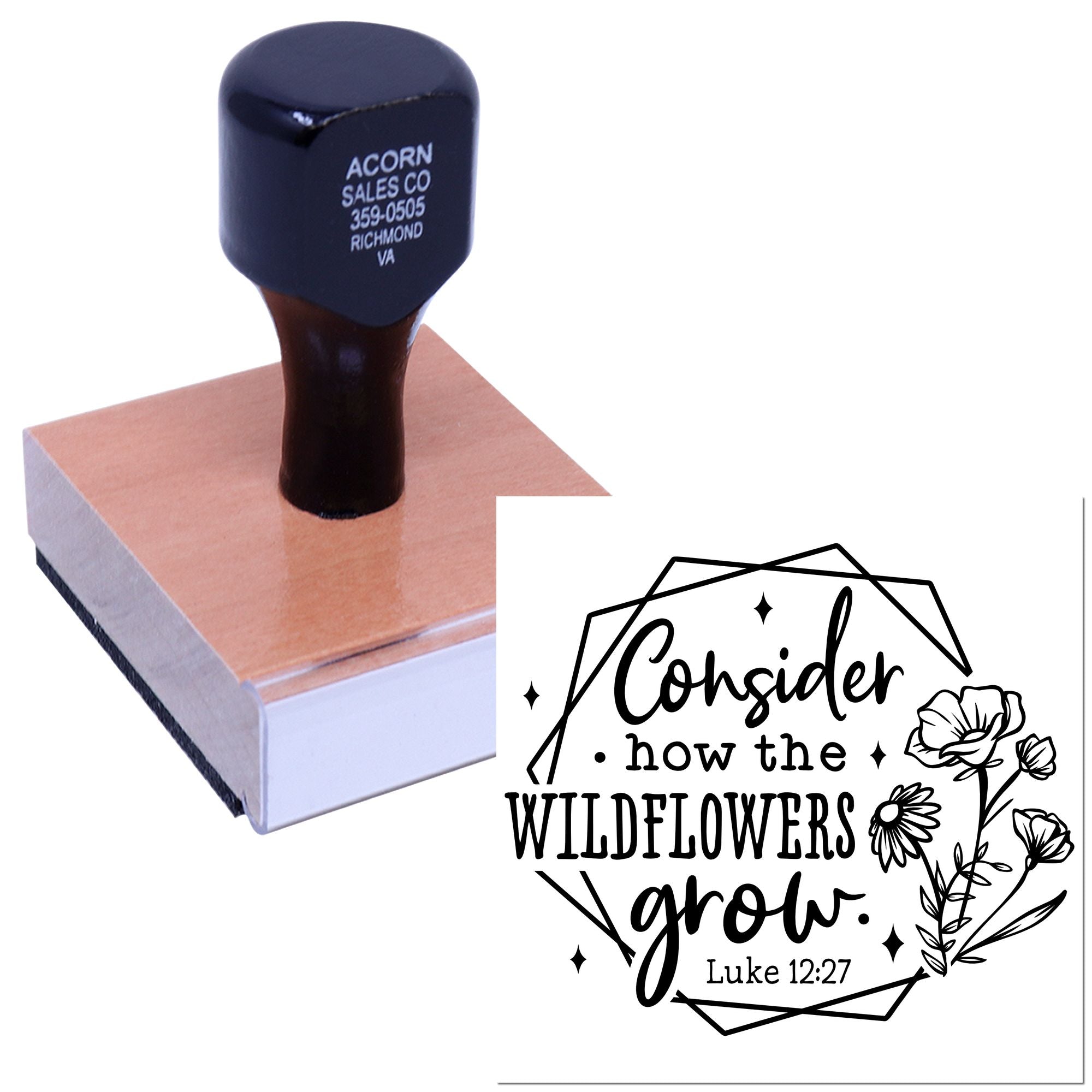 Christian rubber stamp with Bible verse design, Consider how the wildflowers grow from Luke 12:27 and floral line art.