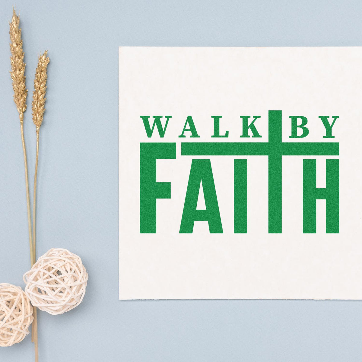 Walk by Faith rubber stamp design in bold green typography, perfect for Christian crafts and faith-based projects.
