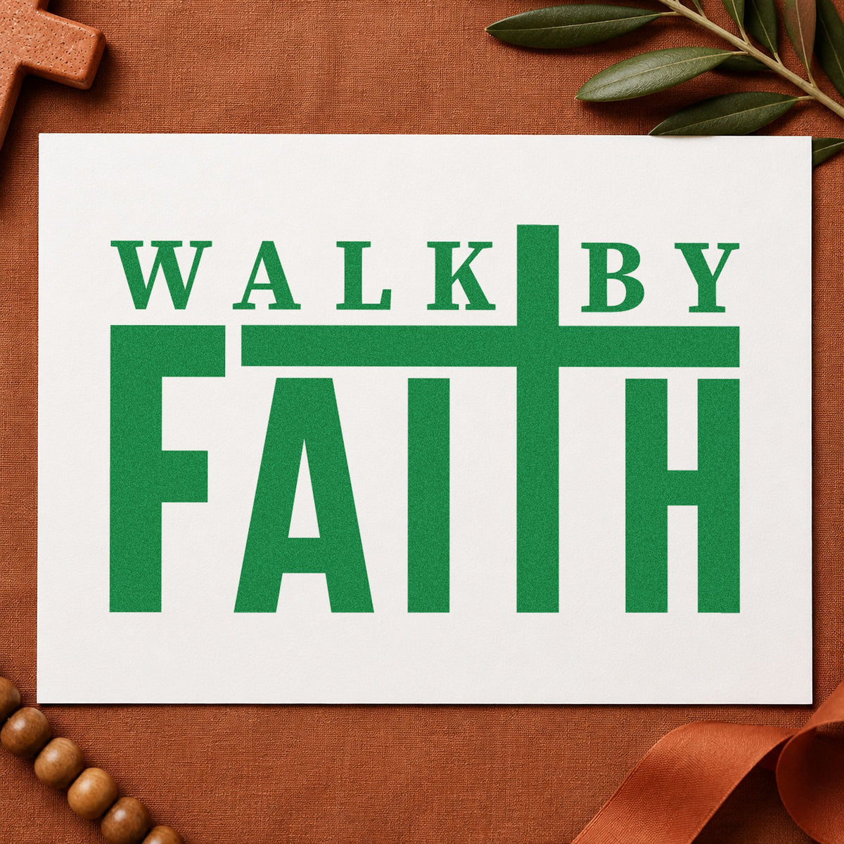 Walk by Faith craft stamp imprint in green ink on a handmade project, one idea being mission trip gifts.