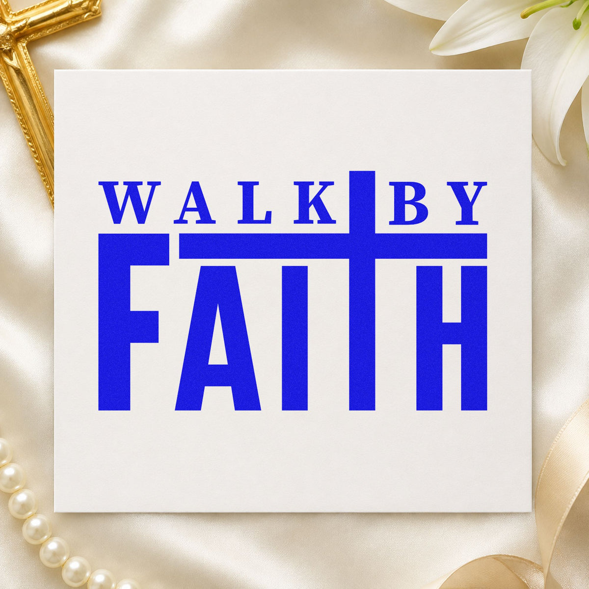 Walk by Faith craft stamp in blue ink on cardstock, an easy option for sneaker box tags.