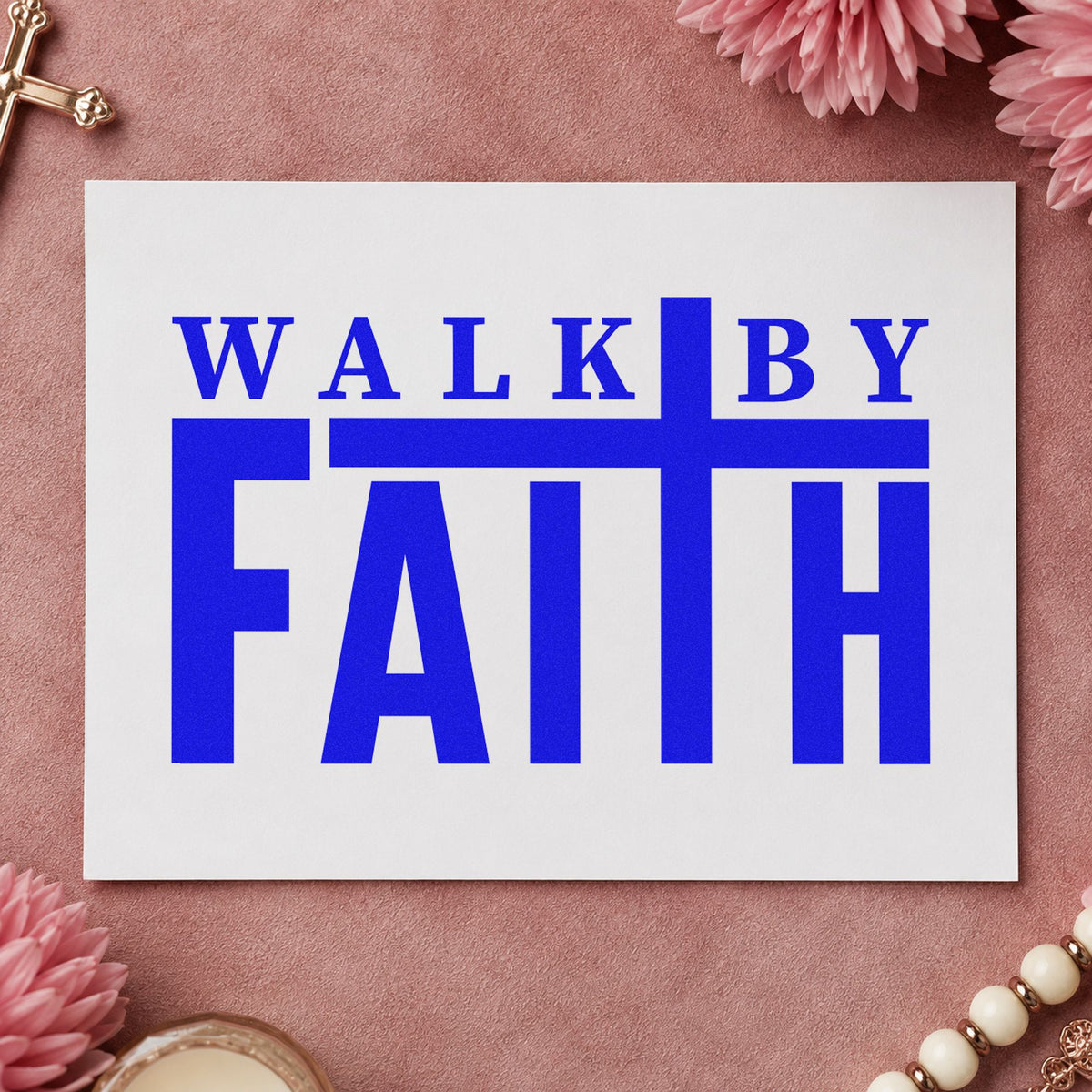 Walk by Faith craft stamp imprinted in blue ink on paper, a design suited to graduation cards.