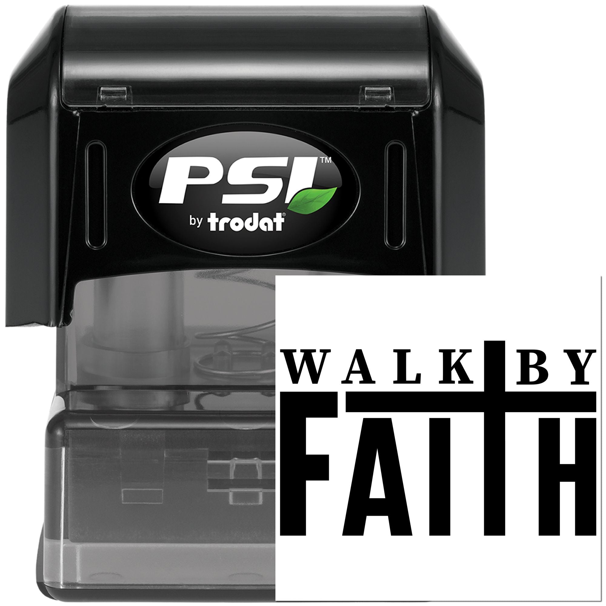 PSI by Trodat self-inking rubber stamp with Walk by Faith design for faith-based crafting and custom marking.