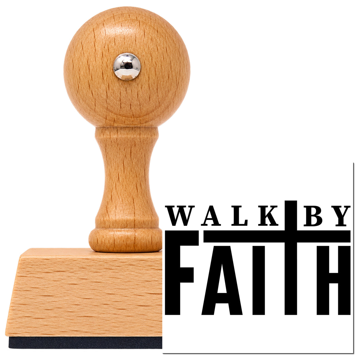 Walk By Faith With Cross Vintage Pro rubber stamp in European beech wood with a round knob handle, shown beside its black imprint.